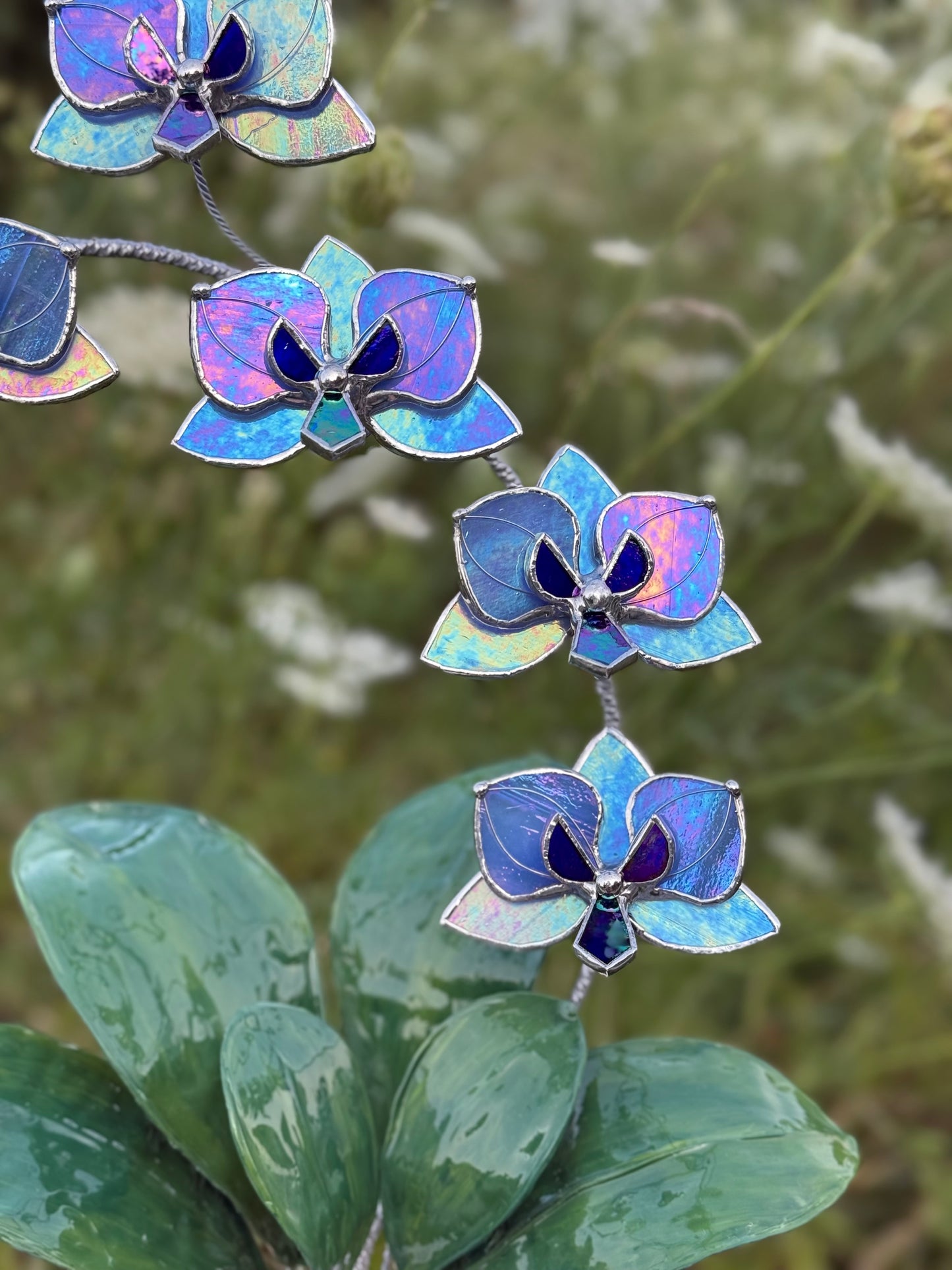 .Blue lavender Orchid, WITH RESIN LEAVES, 5 Flowers, Handmade Stained Glass Botanical Art Decor