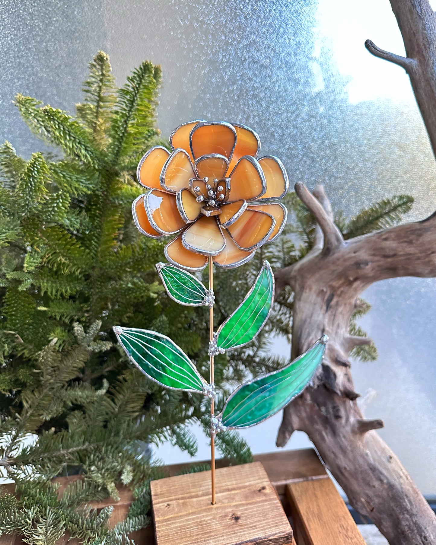 ".Peach Peony", Stained glass tropical flower 3D, Sun catcher, Table plant decor, Garden stake, wedding decor, Christmas gift