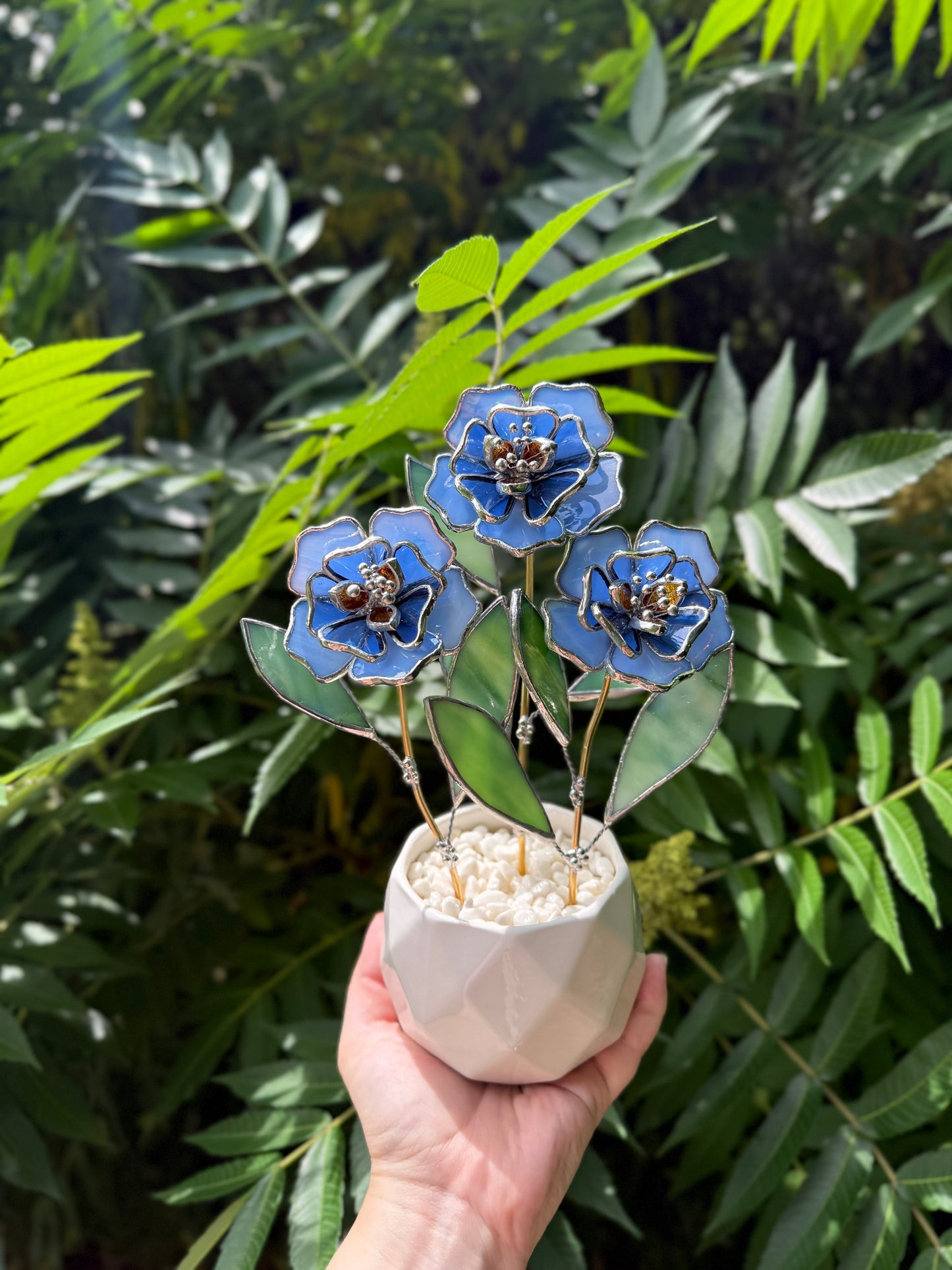 " . Blue Peonies 3 flowers in the pot", Stained glass tropical flower 3D, Sun catcher, Table plant decor, wedding Christmas gift