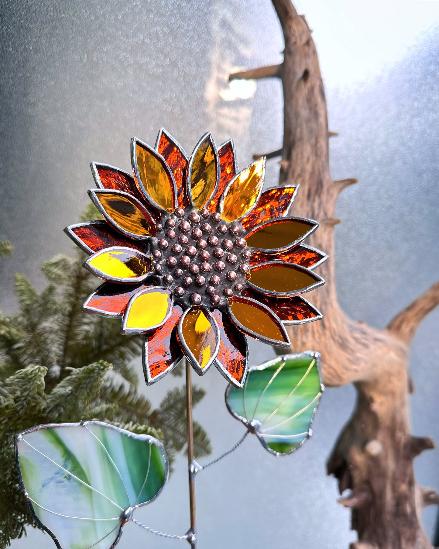 ".Golden Sparcling Sunflower" Stained glass tropical flower 3D, Sun catcher, Table plant decor, Garden stake, wedding decor, Christmas gift