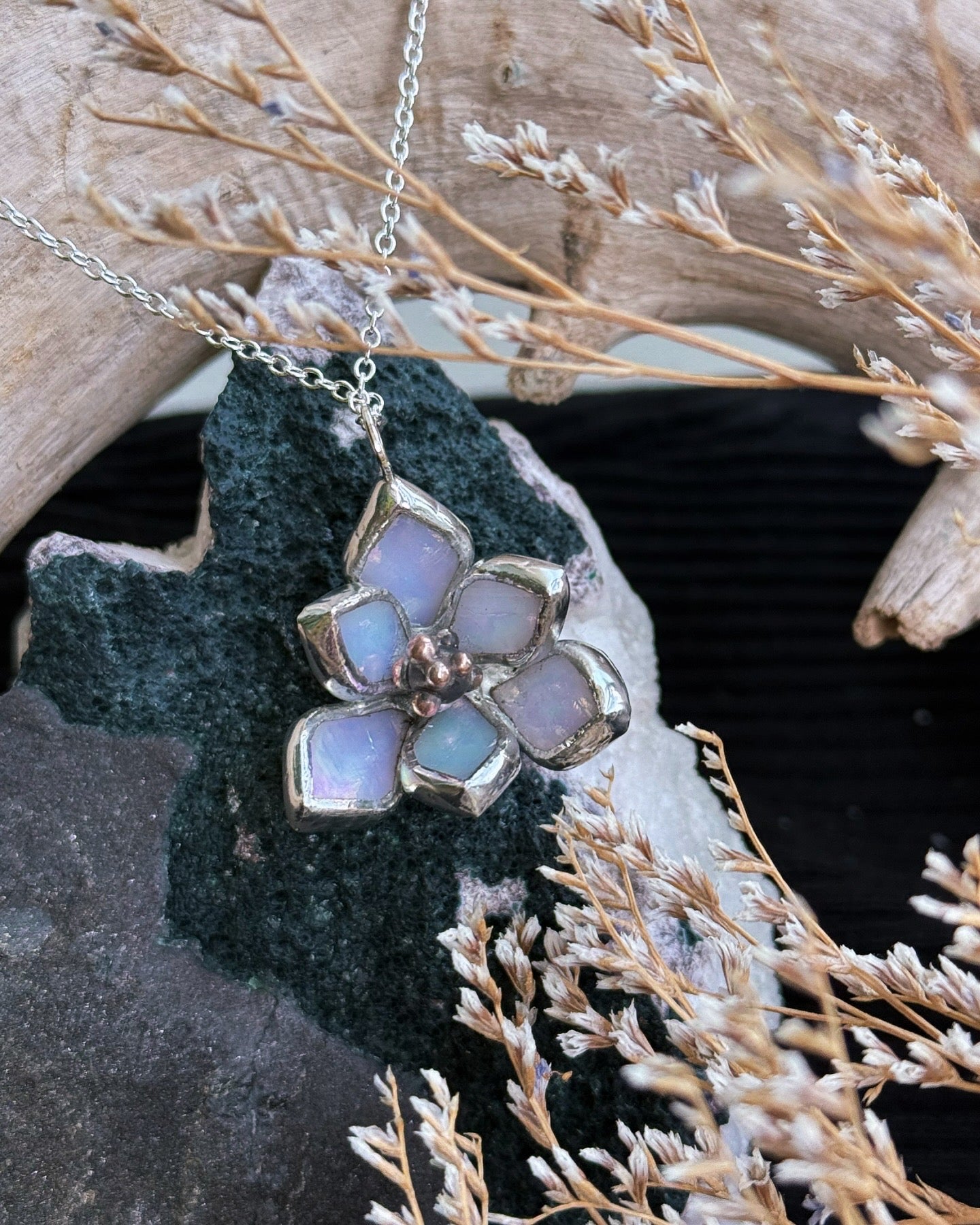 " . Magnolia flower White pearl iridescent Necklace” Stained glass tropical flower 3D, art jewelry
