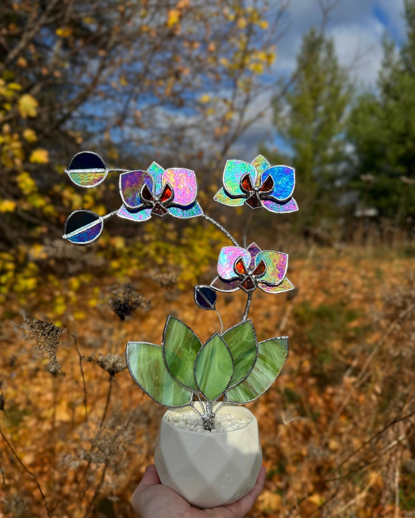 " . Indigo iridescent Orchid 3 flowers with pot” Stained glass tropical flower 3D, Sun catcher, Table plant, Garden stick, Outdoor and gardening decor