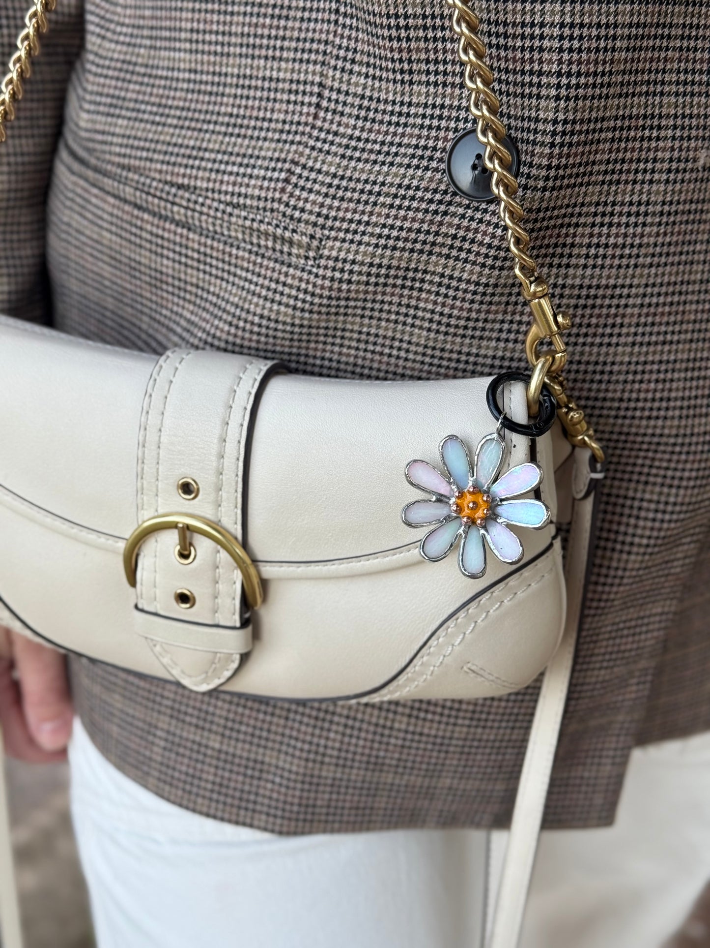 Daisy White Pearl Stained Glass Bag Charm Handmade Lead Free Accessories