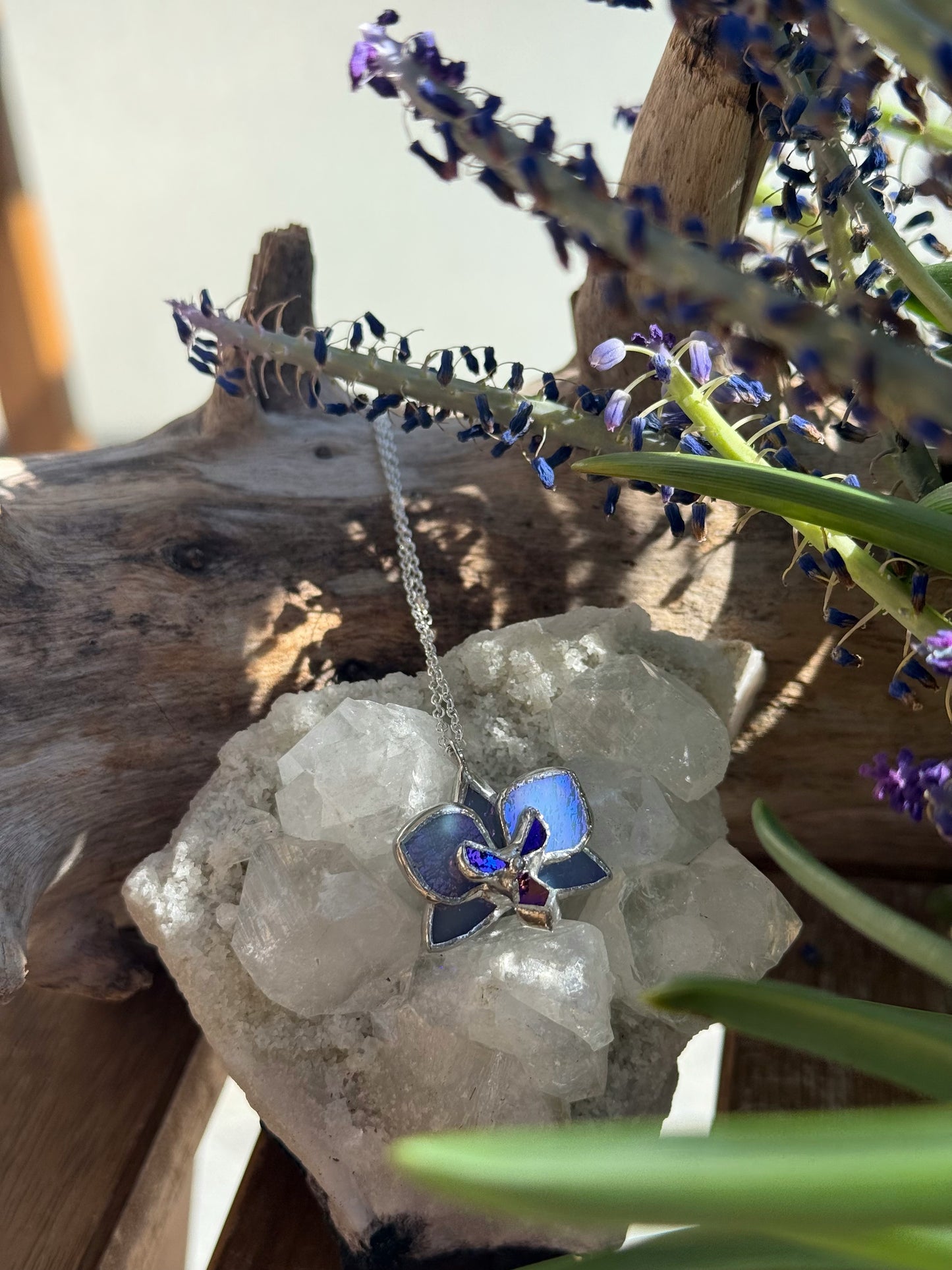 Blue lavender Orchid Irid, Stained Glass Necklace Handmade Botanical Jewelry