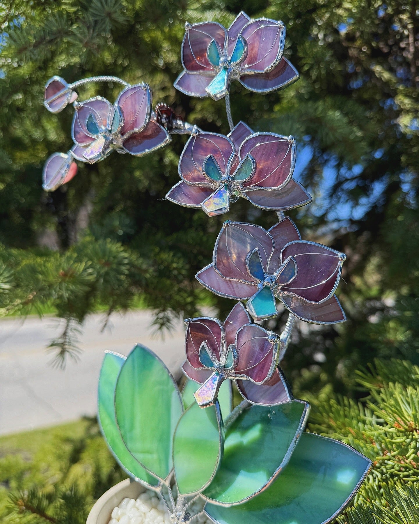 " . Dusty Rose translucent Orchid 5 flowers with pot" Stained glass tropical flower 3D, Sun catcher, Table plant, Garden stick, wedding decor, Christmas gift