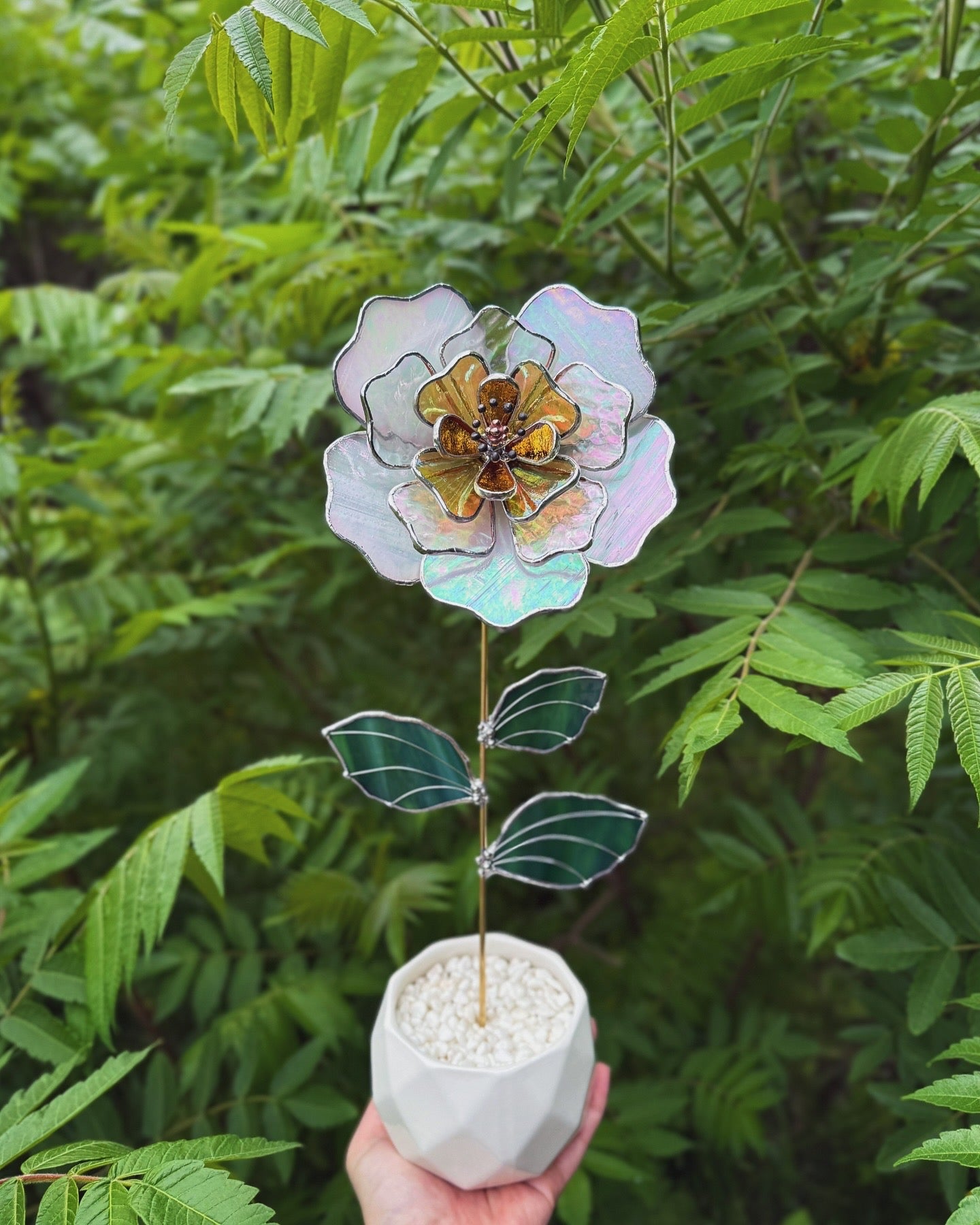 " . Beautiful Peony White & yellow iridescent Stained glass flower, tropical 3D Sun catcher, Table plant decor, wedding gift, available new