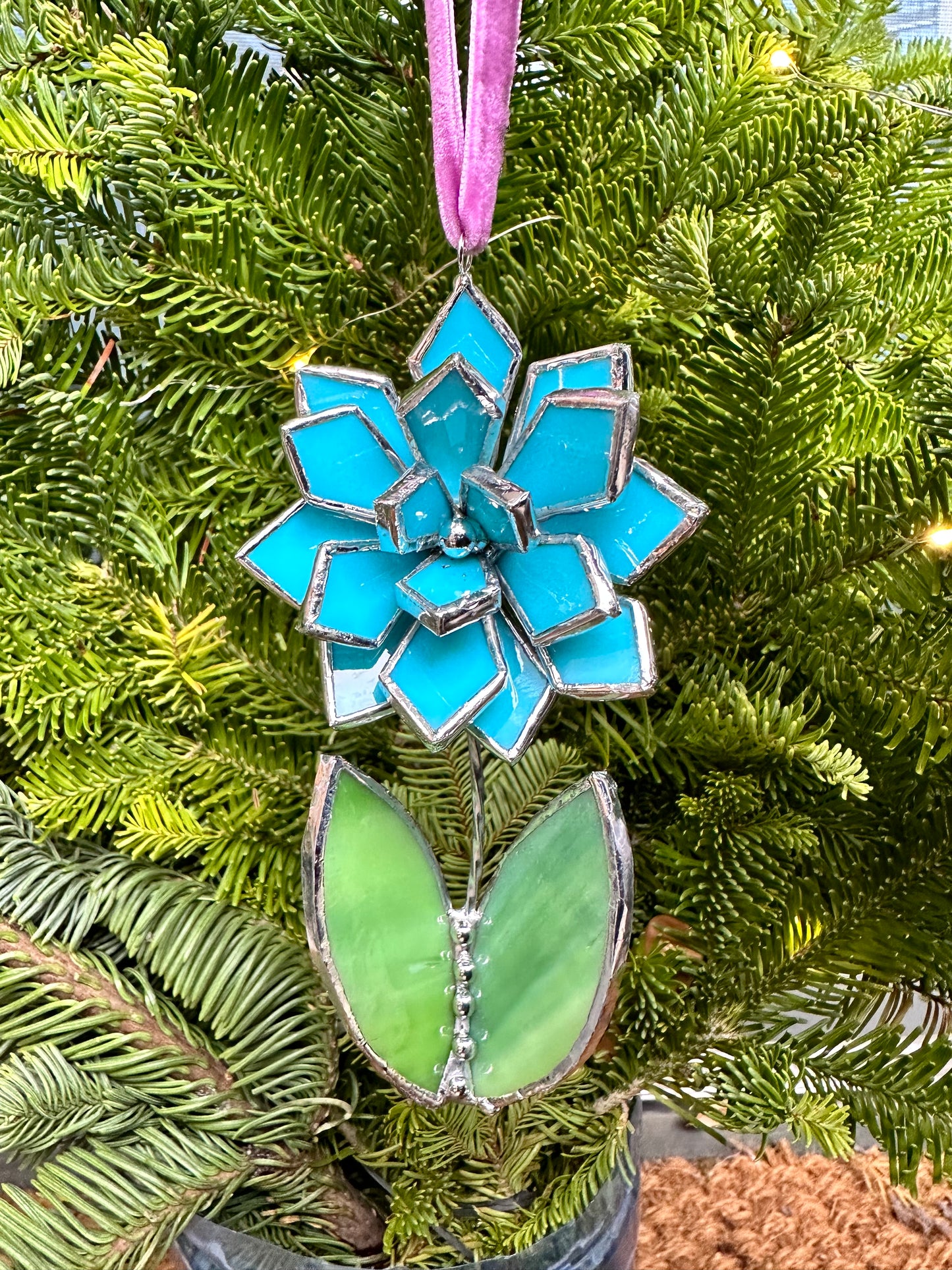 Christmas tree ornament Flower Turquoise Set of 1, 3, 5, 7, 10. Stained glass Wall window decor, holiday decorations, lights