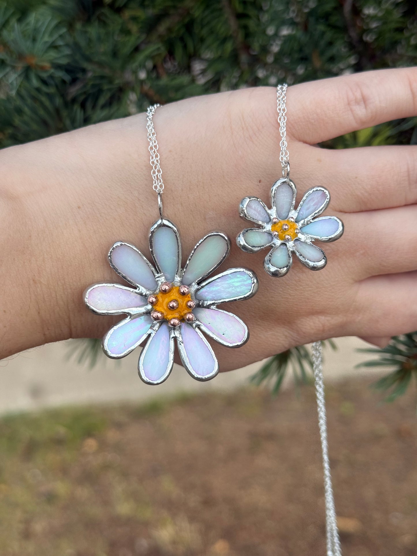 Daisy White Pearl Iridescent L S sizes, Stained Glass Necklace or Brooch, Handmade Botanical Jewelry