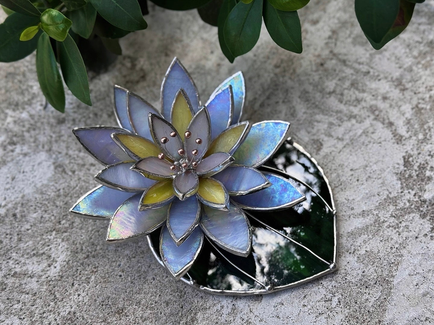 " .  Lavender iridescent Water Lily with leaf" Stained glass table decor, suncatcher, succulents