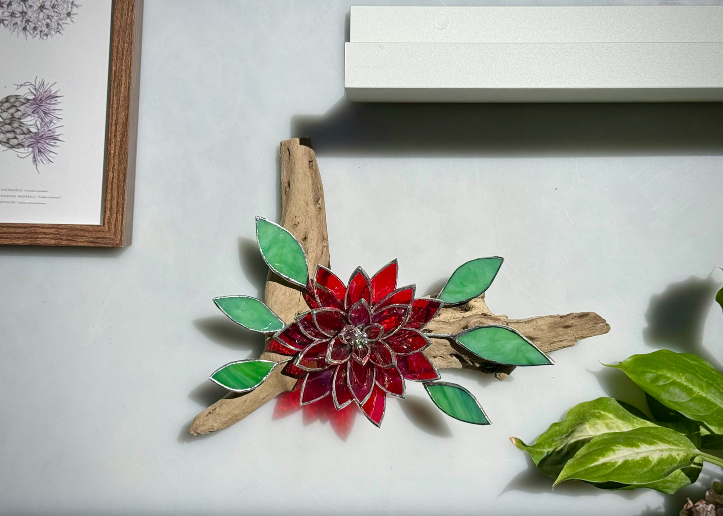 .Fire Flower Iridescent Stained Glass Driftwood Wall Decor Suncatcher