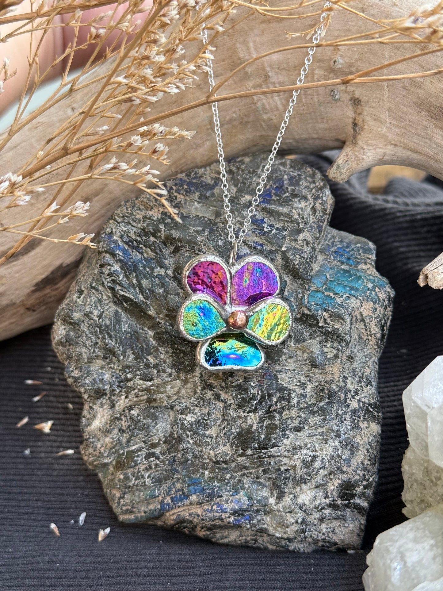" . Pansy Purple lumi & Yellow-blue lumi Necklace ” Stained glass tropical flower 3D, art jewelry