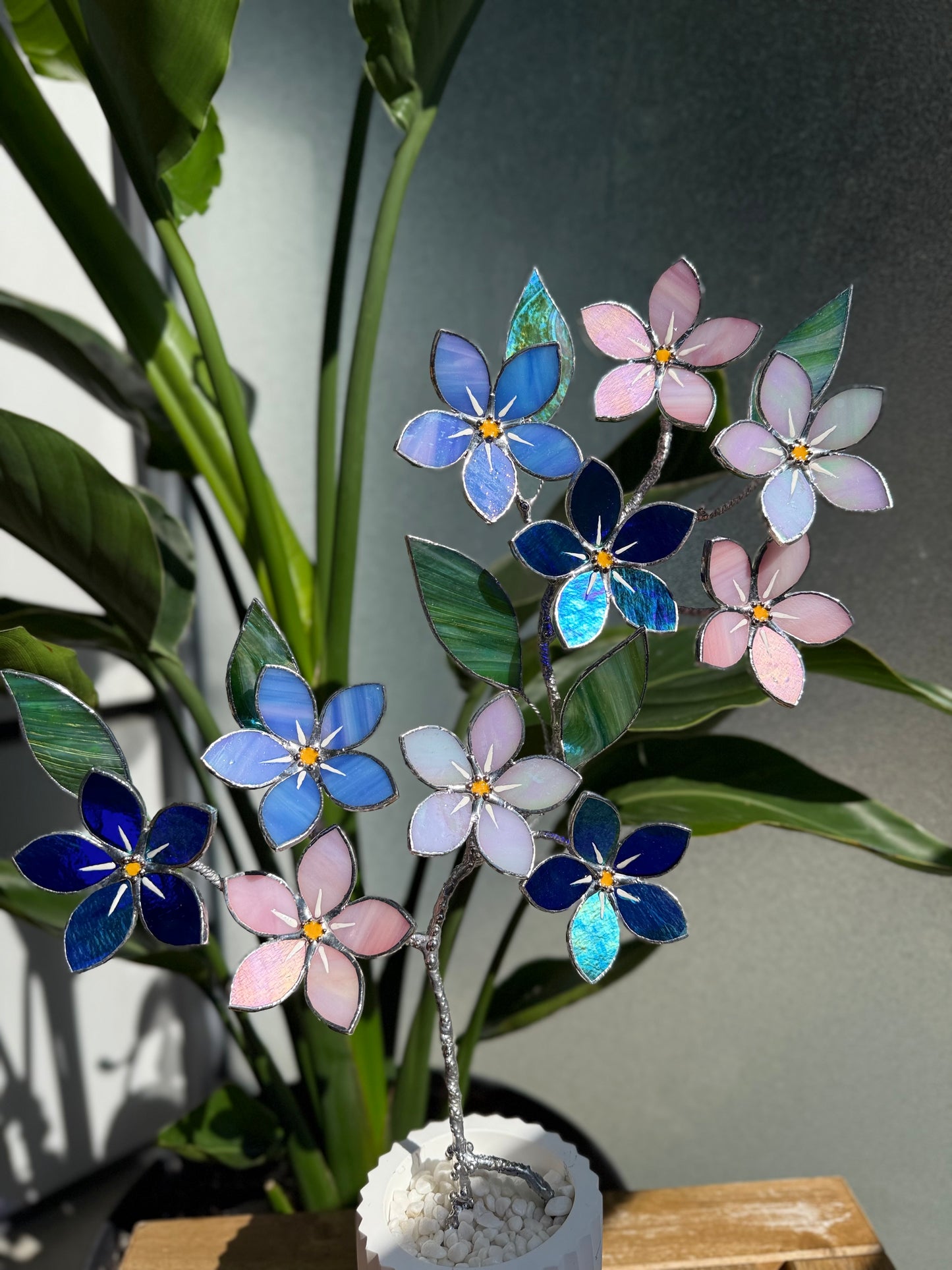 FORGET ME NOT Brunch 10 flowers in a pot, Stained glass Handcrafted Floral Home Decor