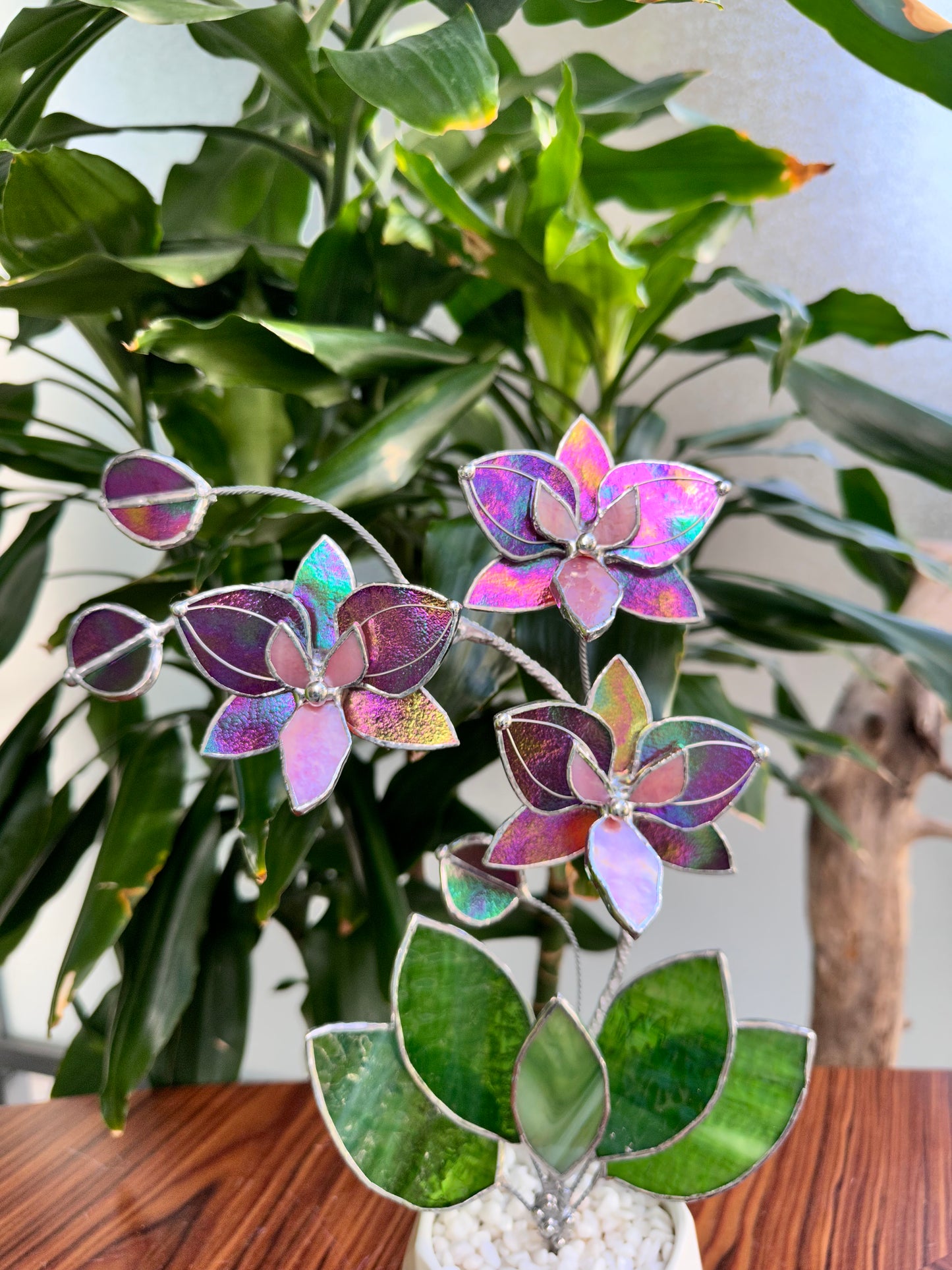 " . Mauve iridescent Butterfly Orchid 3 flowers with pot” Stained glass tropical flower 3D, Sun catcher, Table plant, Garden stick, Outdoor and gardening decor