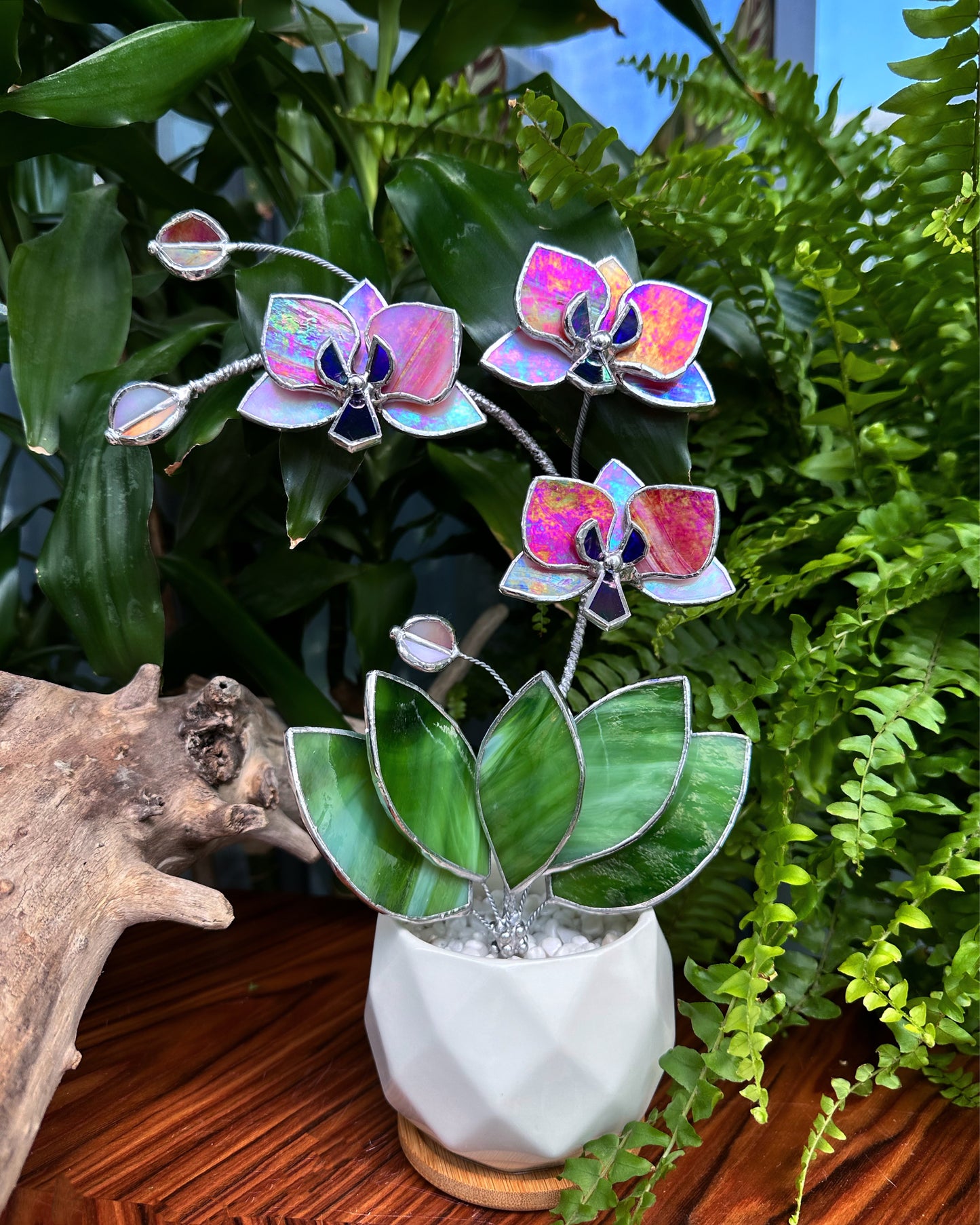 ". Peachy white iridescent Orchid 3 flowers with pot” Stained glass tropical flower 3D, Sun catcher, Table plant, Garden stick, Outdoor and gardening decor