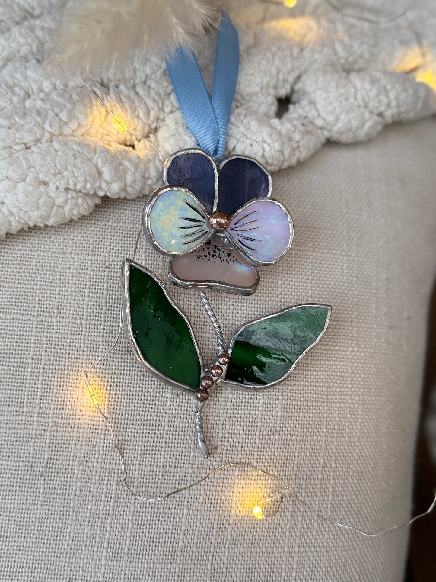 " . Pansy flower with leaves Grape purple & white irid , Stained glass Decorative ORNAMENT, Christmas decoration, Suncatcher