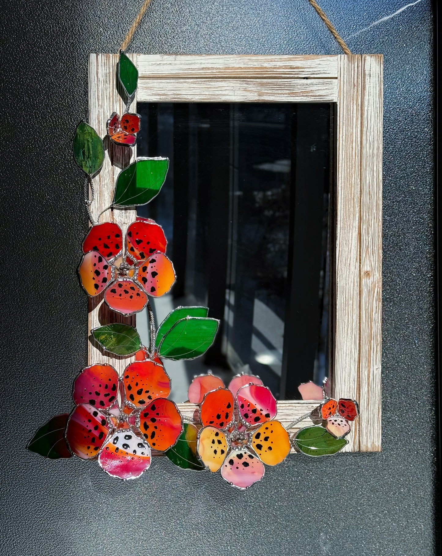 .Tiger Hibiscus Stained glass Wall Mirror, 3D Botanical Floral Art