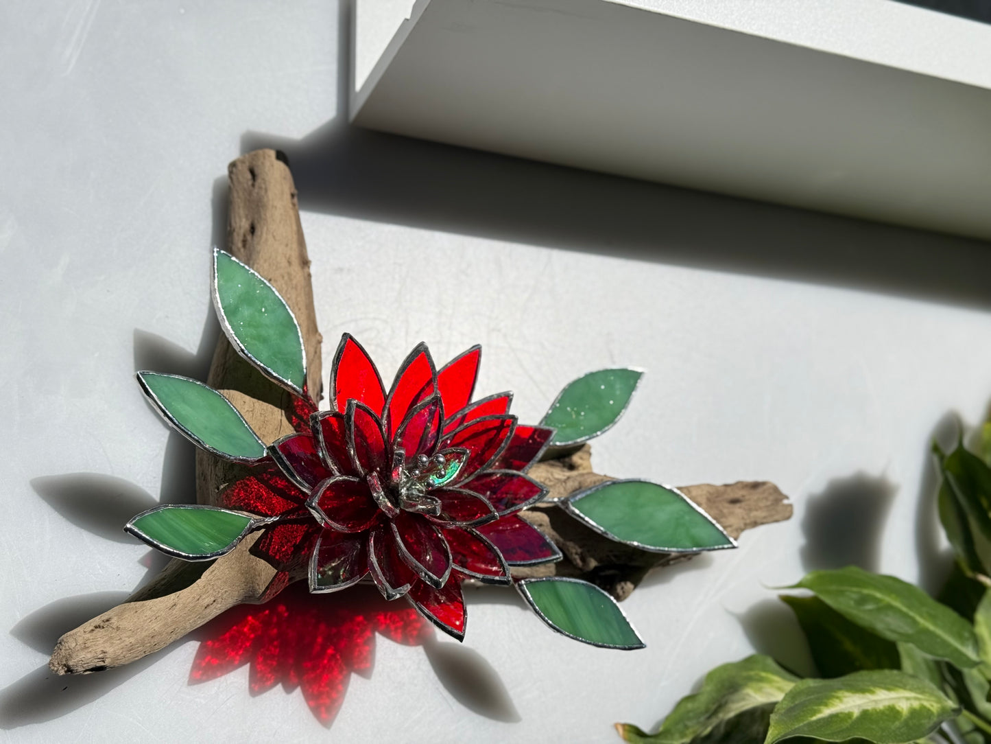 .Fire Flower Iridescent Stained Glass Driftwood Wall Decor Suncatcher