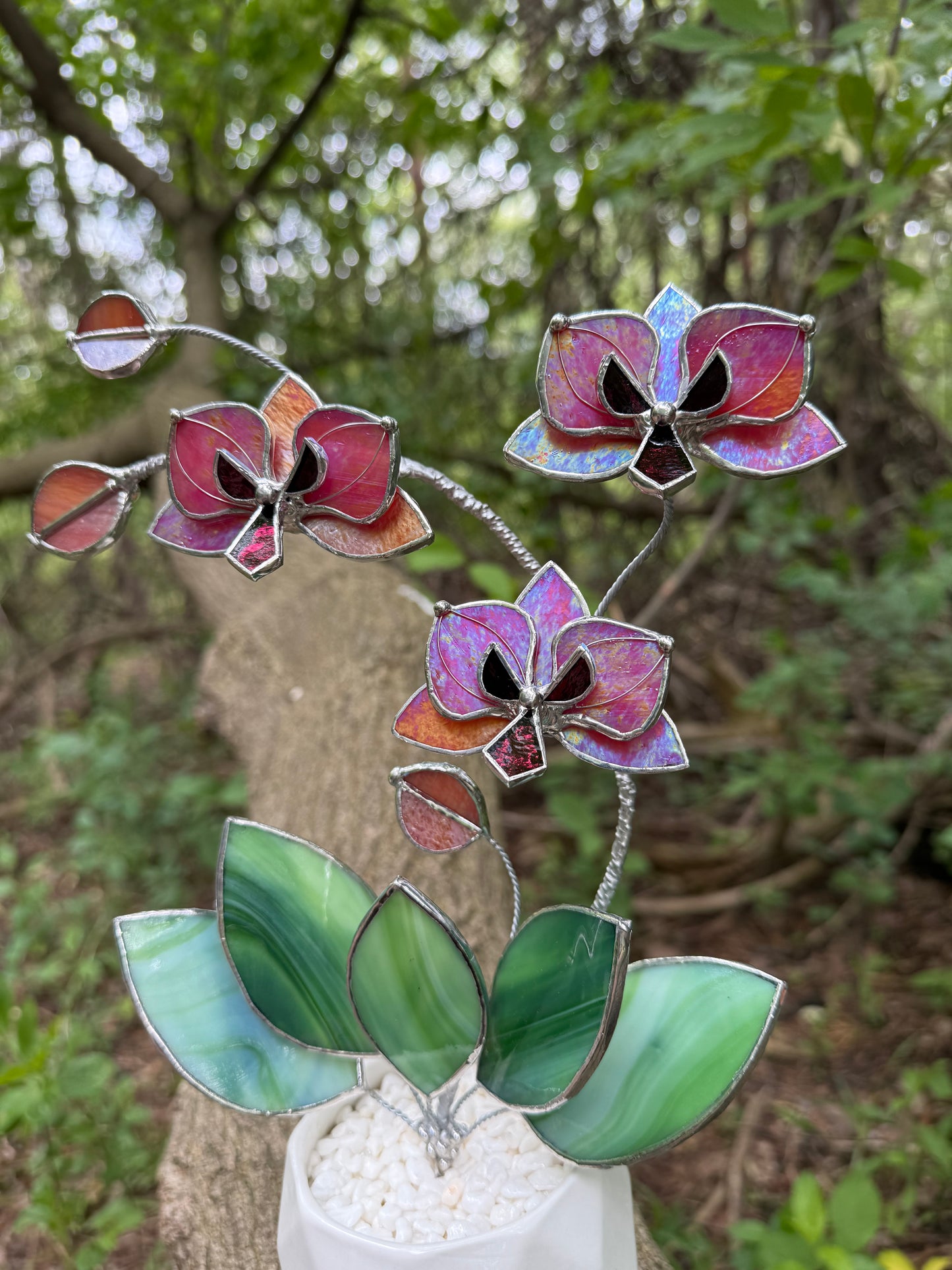 " . Berry red iridescent Orchid 3 flowers with pot” Stained glass tropical flower 3D, Sun catcher, Table plant, Garden stick, Outdoor and gardening decor available new