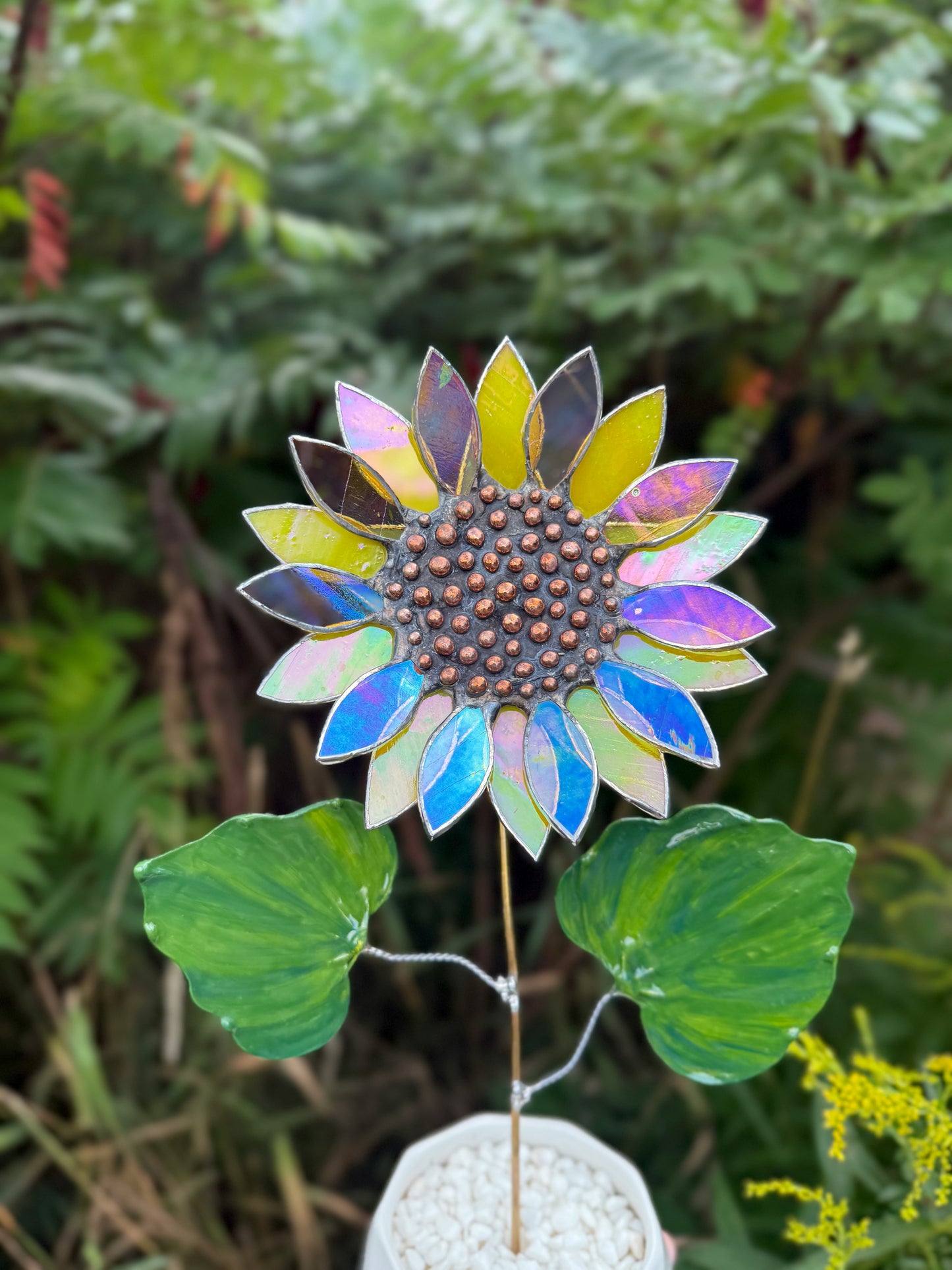 Amber Irid & Lemon Yellow Sunflower Artisan 3D Stained Glass Suncatcher, Table Decor new ready