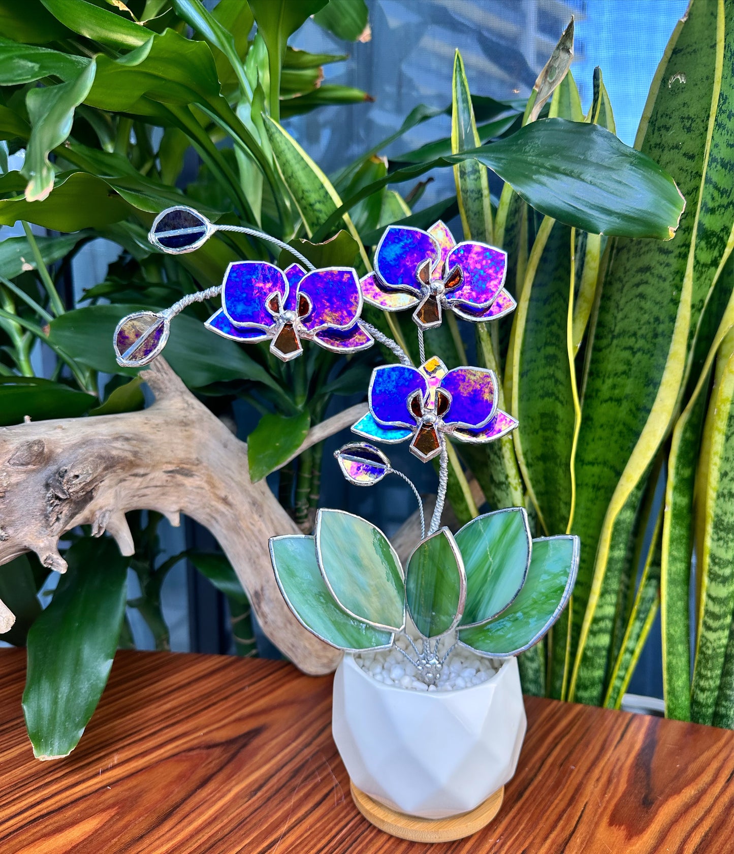 ". Amethyst luminescent Orchid 3 flowers with pot” Stained glass tropical flower 3D, Sun catcher, Table plant, Garden stick, Outdoor and gardening decor