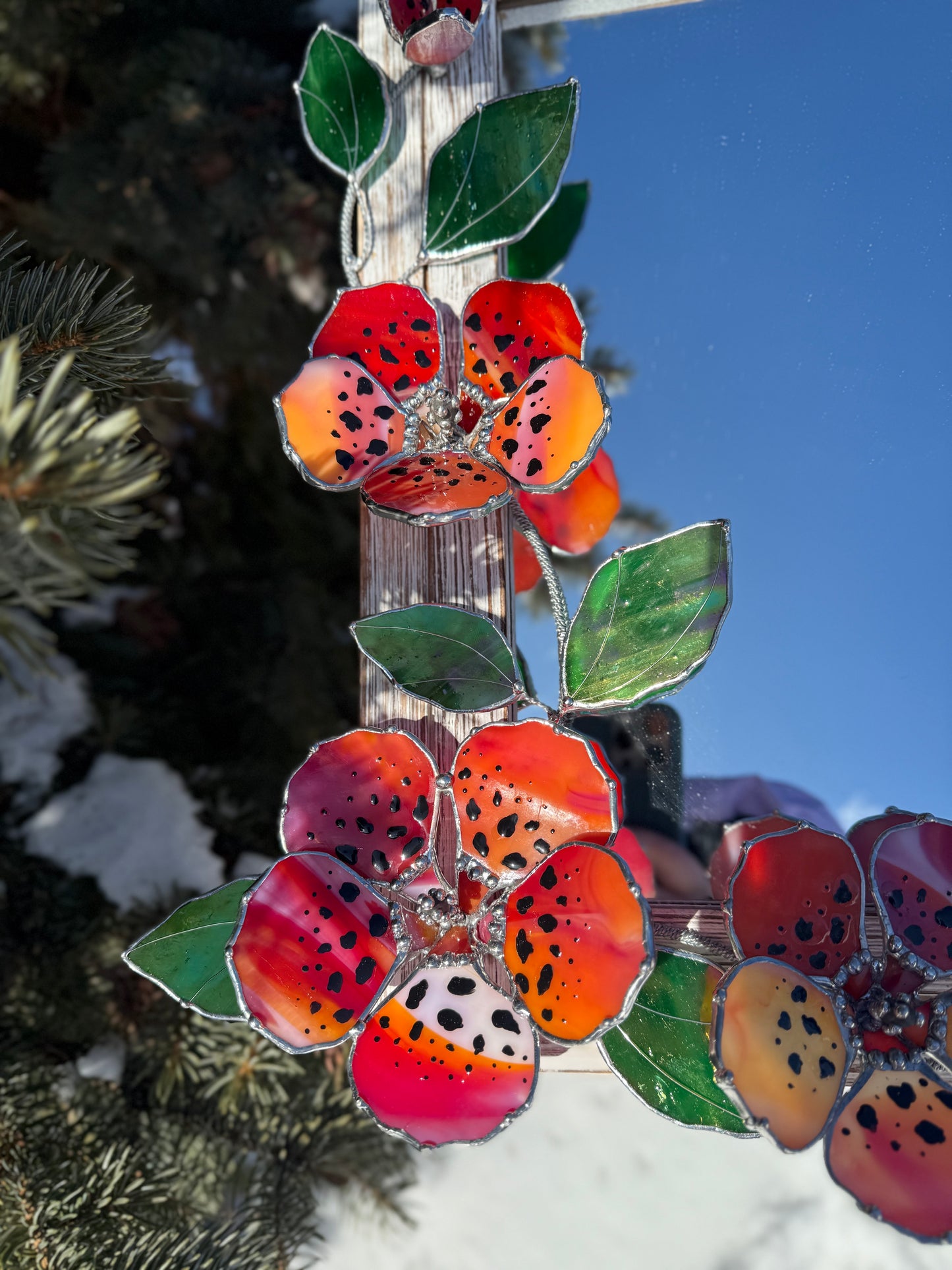 .Tiger Hibiscus Stained glass Wall Mirror, 3D Botanical Floral Art