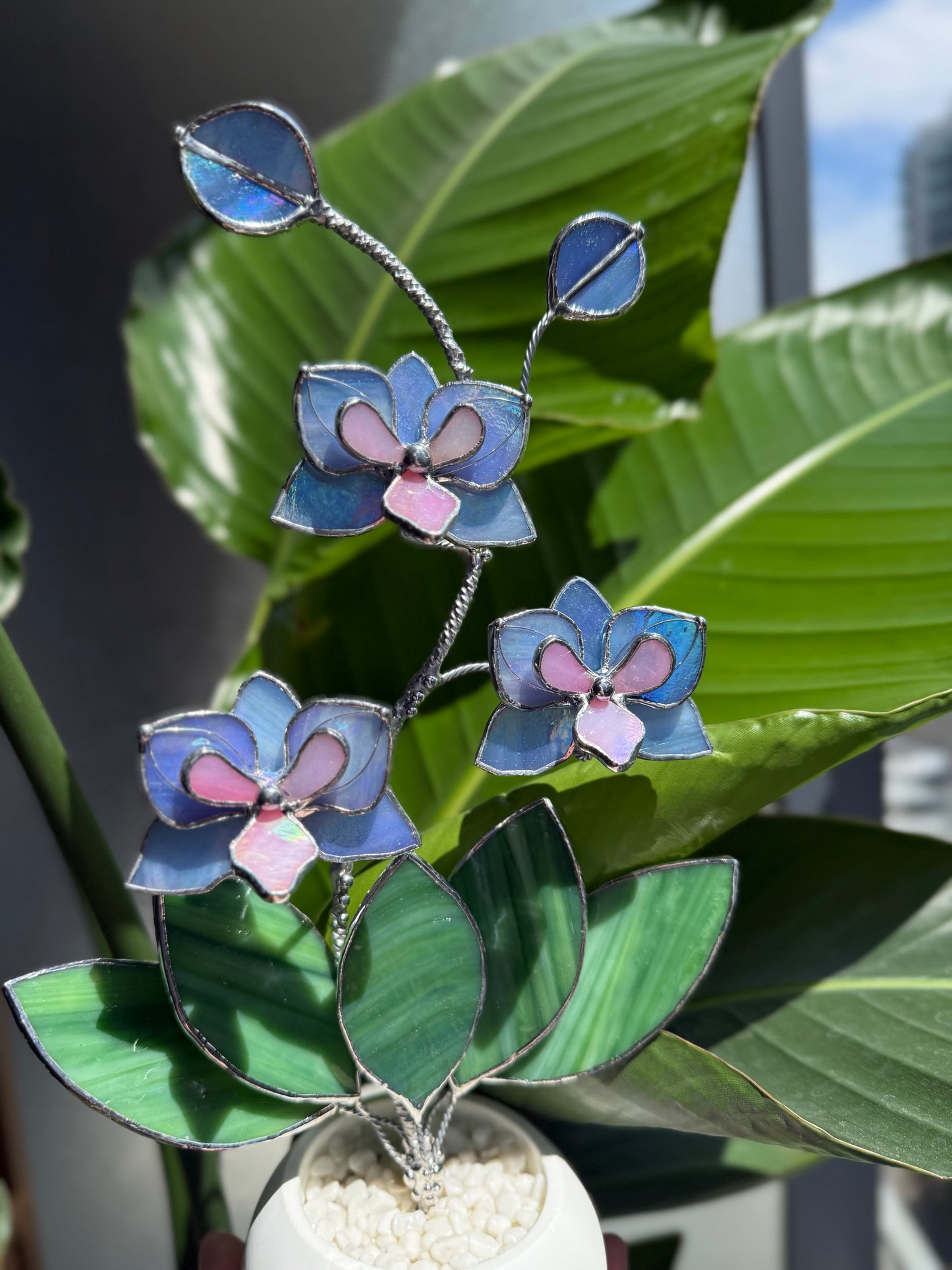 .Blue Lavender Orchid in a pot, 3 flowers Botanical Stained Glass Modern Art Decor new