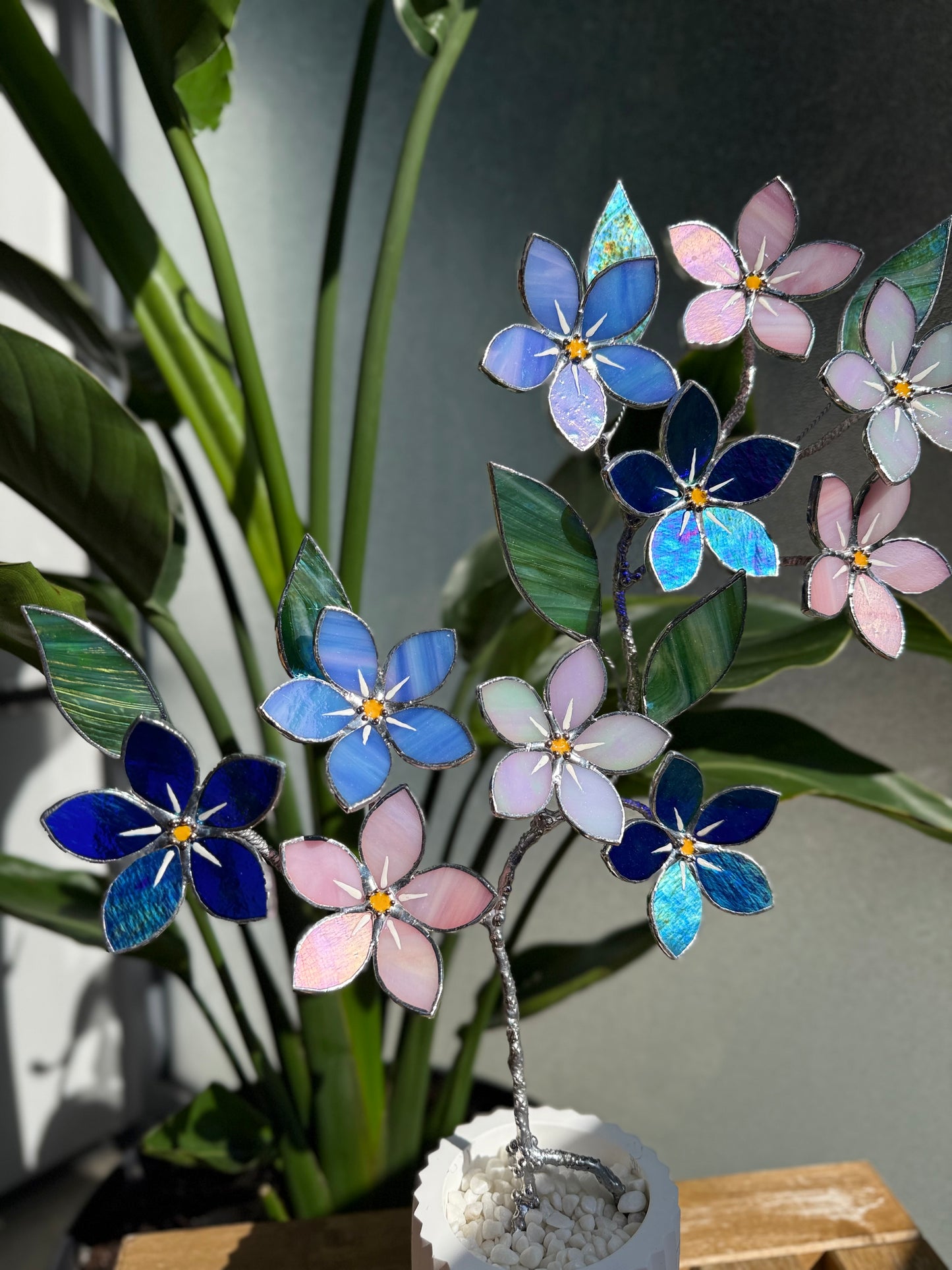 FORGET ME NOT Brunch 10 flowers in a pot, Stained glass Handcrafted Floral Home Decor