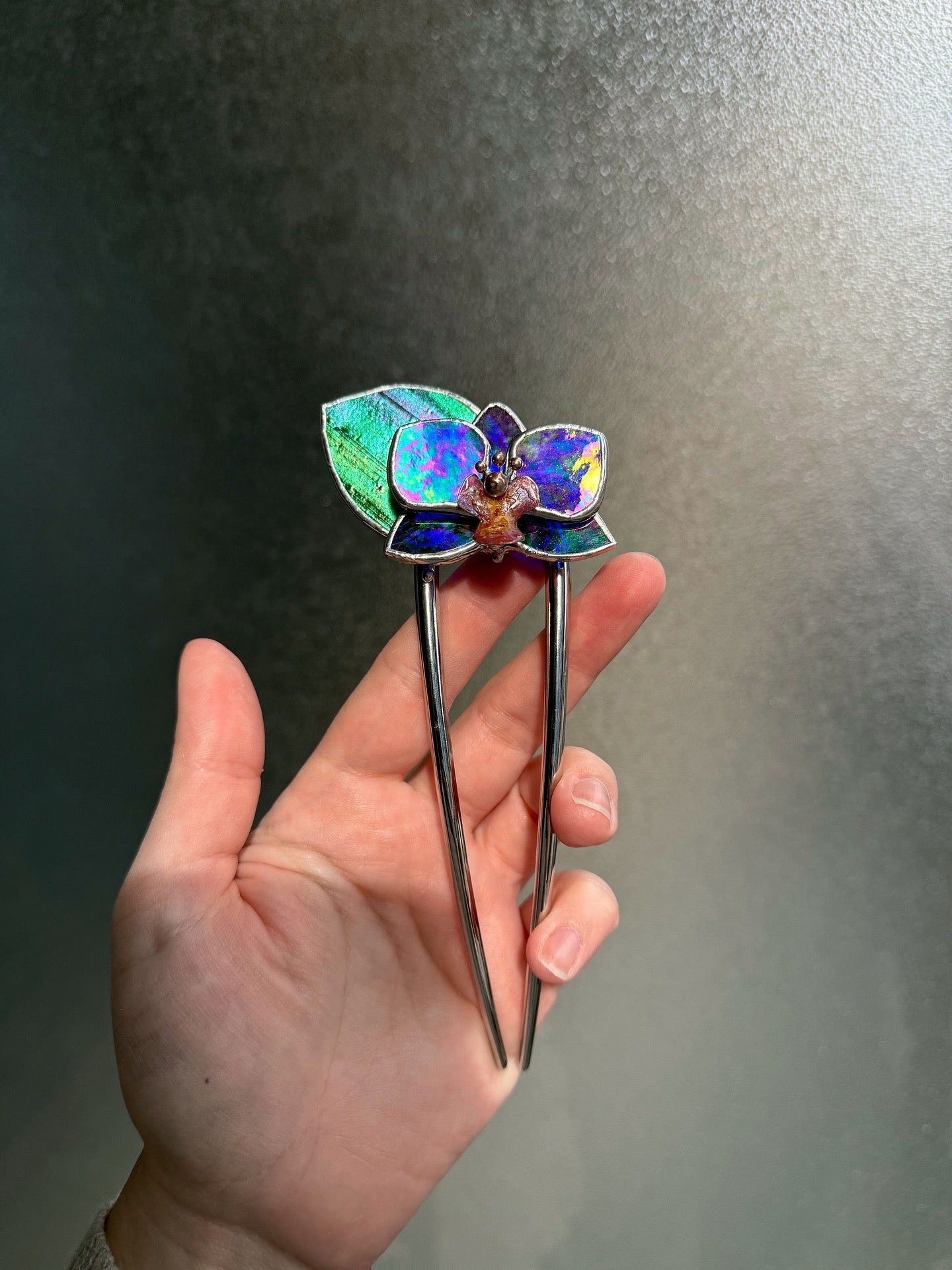 Hair Pin Stained Glass Orchid Flower CHOOSE COLOR Handmade Floral Accessories