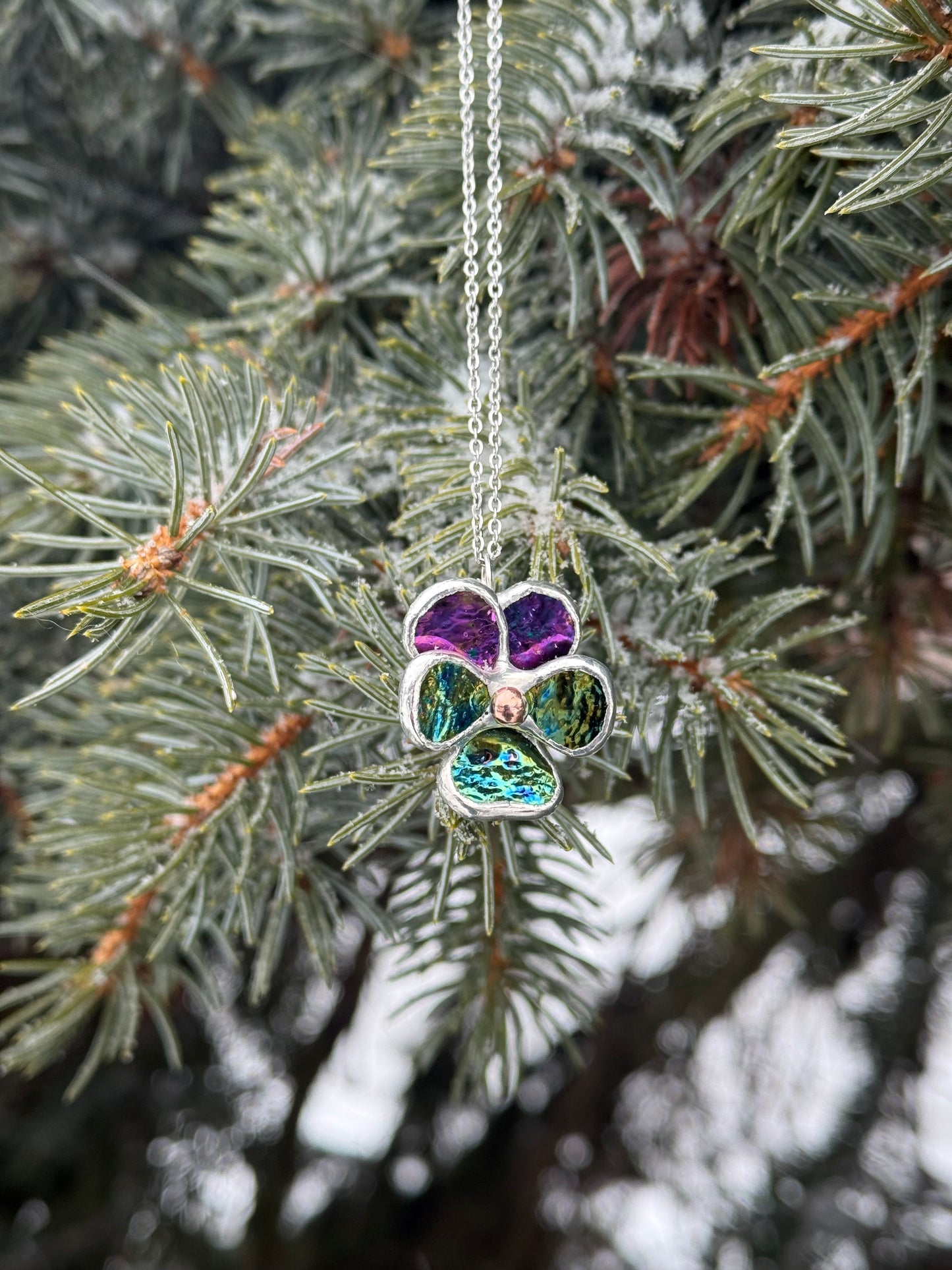 " . Pansy Purple lumi & Yellow-blue lumi Necklace ” Stained glass tropical flower 3D, art jewelry