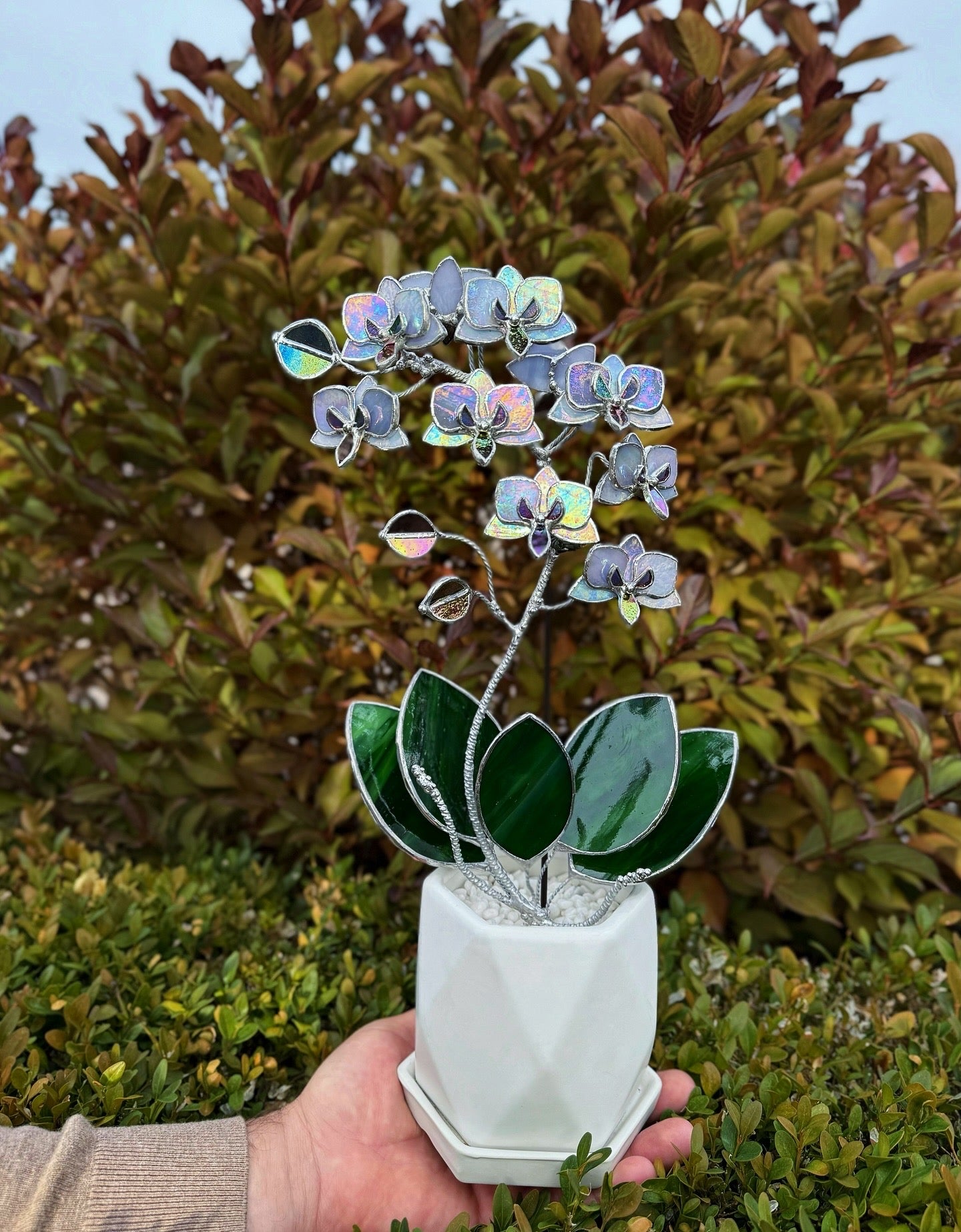 "  . Stained glass Orchid Lavender iridescent, double sided, 10 flowers with pot”, Stained glass tropical flower 3D, Suncatcher, Table plant decor