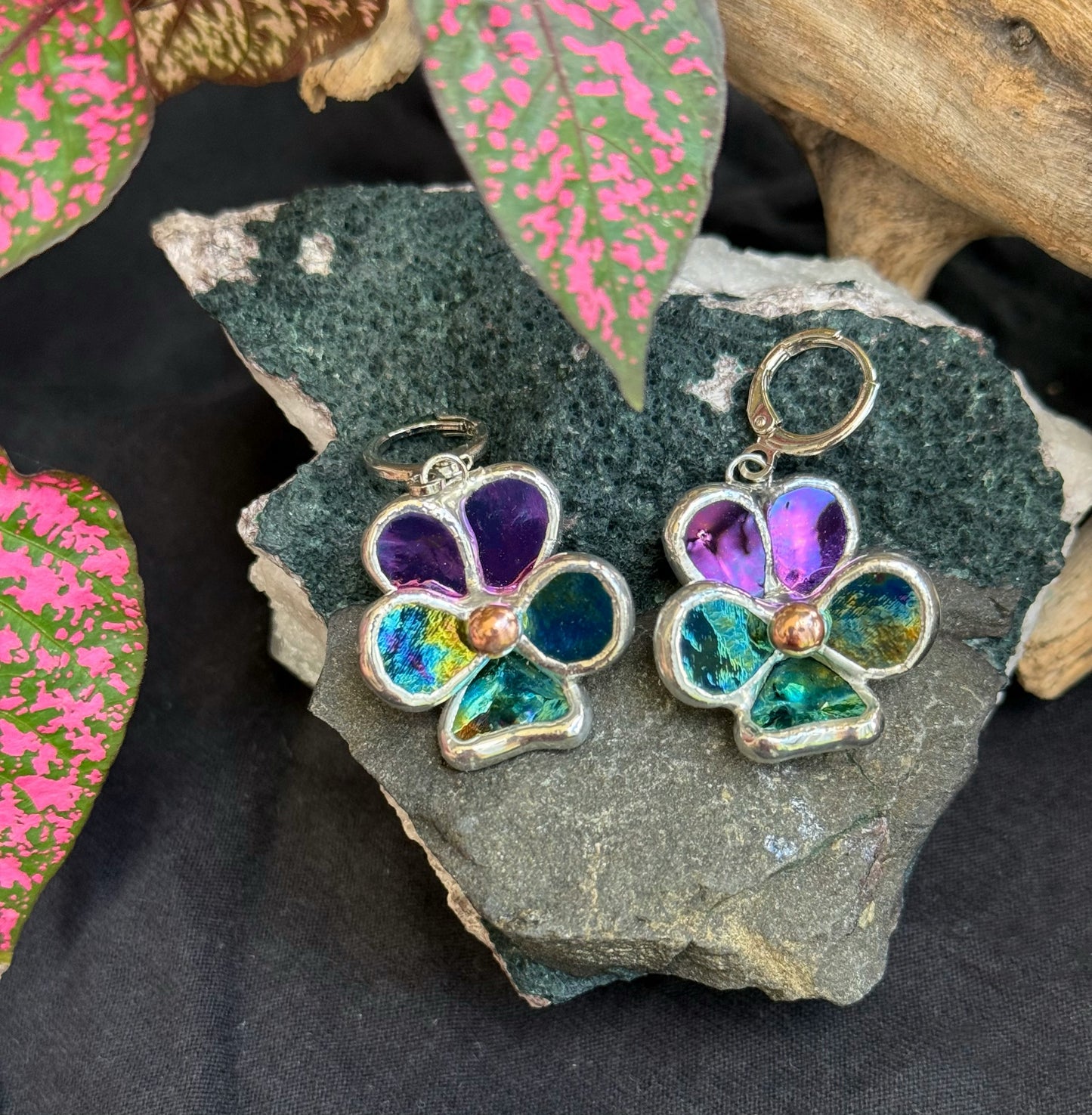 Pansy Earrings Purple lumi &Yellow blue lumi  Handcrafted Stained glass Botanical Art Jewelry