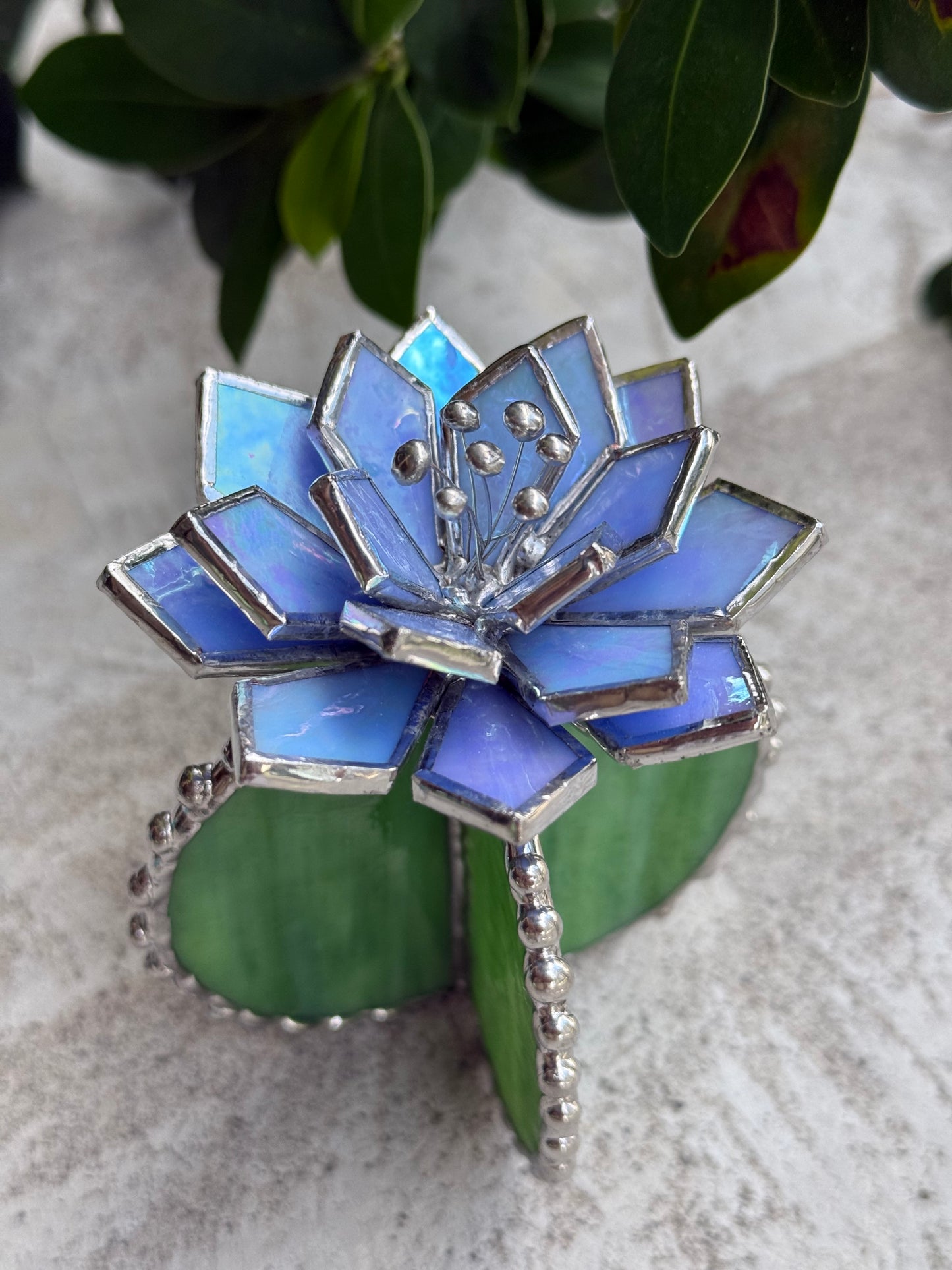 "Cactus Sky blue lumi & green ribbed" Stained glass Succulent 3D design, house plant for flower pot, Sun catcher, glass art, wedding decor