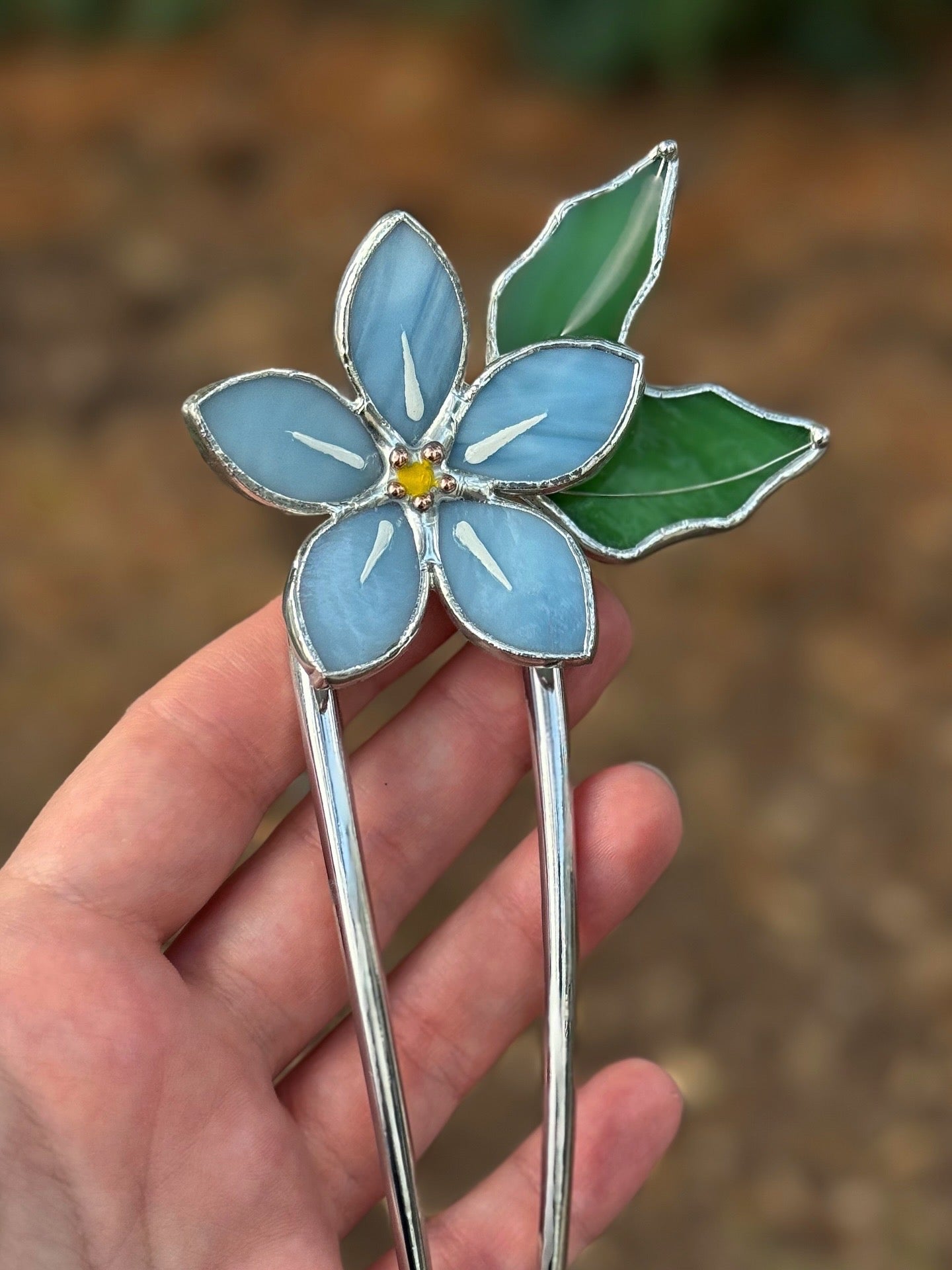 Hair Pin Stained Glass Forget Me Not Flower CHOOSE COLOR Handmade Accessories