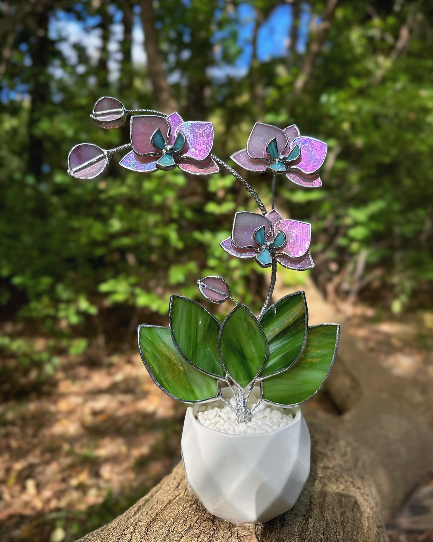 " . Candy Pink iridescent Orchid 3 flowers with pot” Stained glass tropical flower 3D, Sun catcher, Table plant, Garden stick, Outdoor and gardening decor