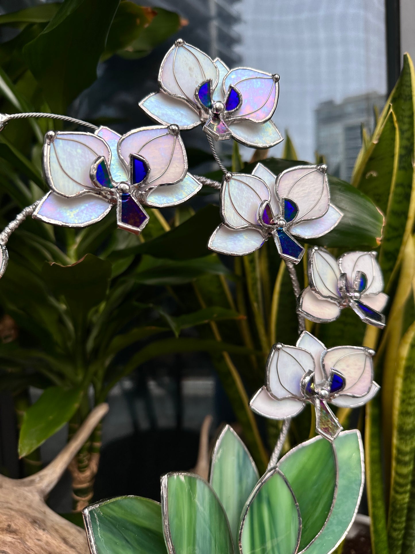 ". White Pearl iridescent Orchid 5 flowers with pot” Stained glass tropical flower 3D, Sun catcher, Table plant decor, Garden stick, Outdoor and gardening decor