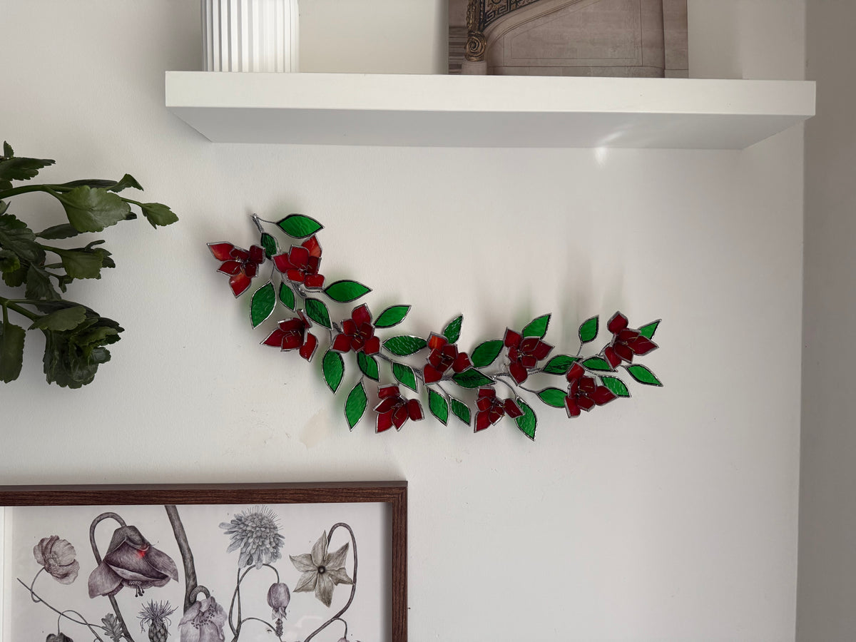 Amaryllis Flowers Branch Stained Glass Wall Decor, Glass Suncatcher Wall Decor