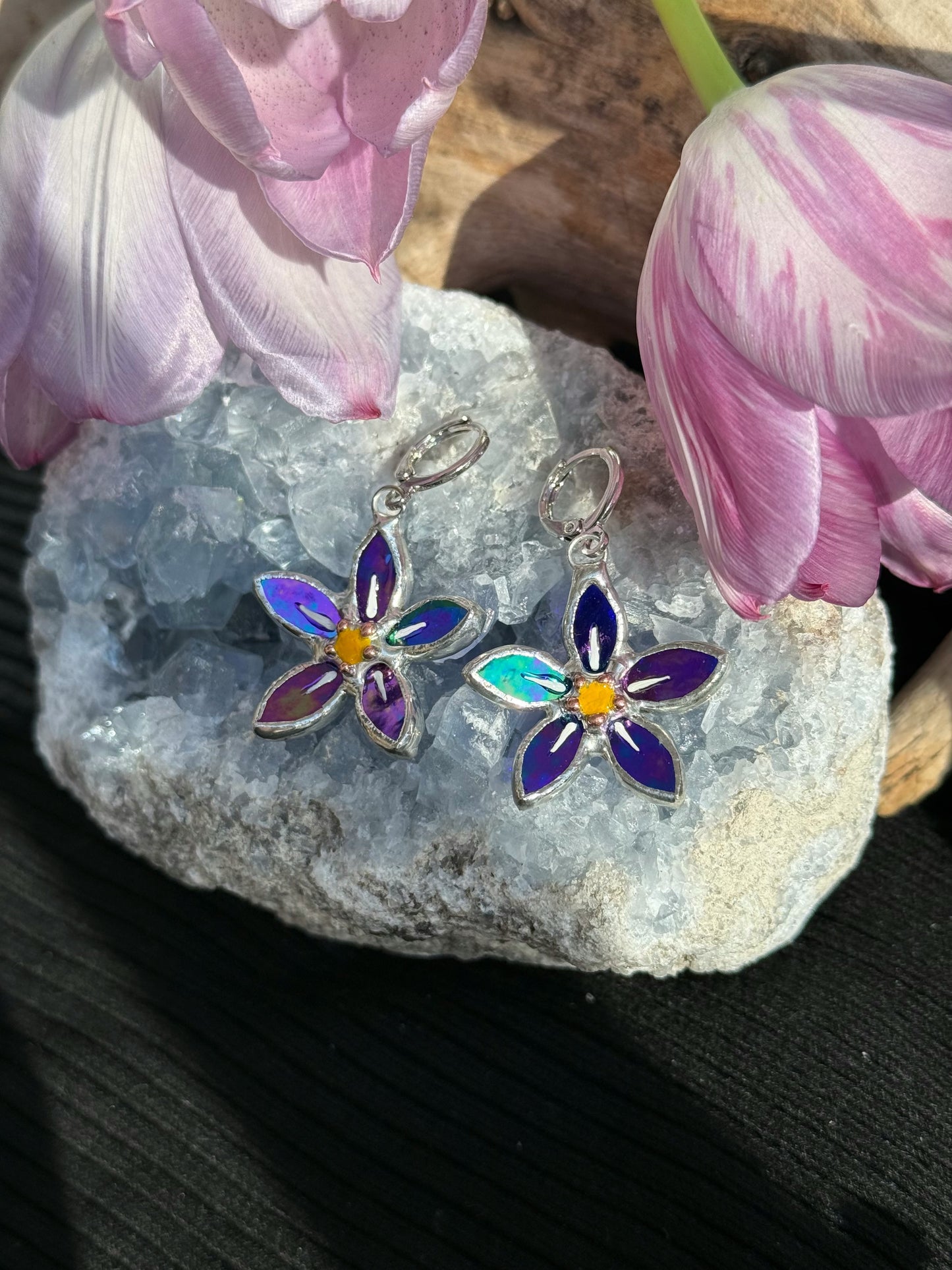 .Forget Me Not Earrings Indigo Luminescent Handcrafted Stained glass Botanical Art Jewelry