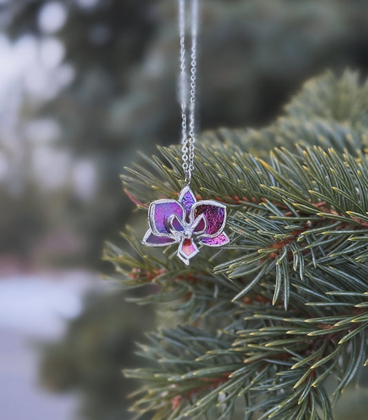 " . Necklace Orchid Mauve iridescent Necklace” Stained glass tropical flower 3D, art jewelry