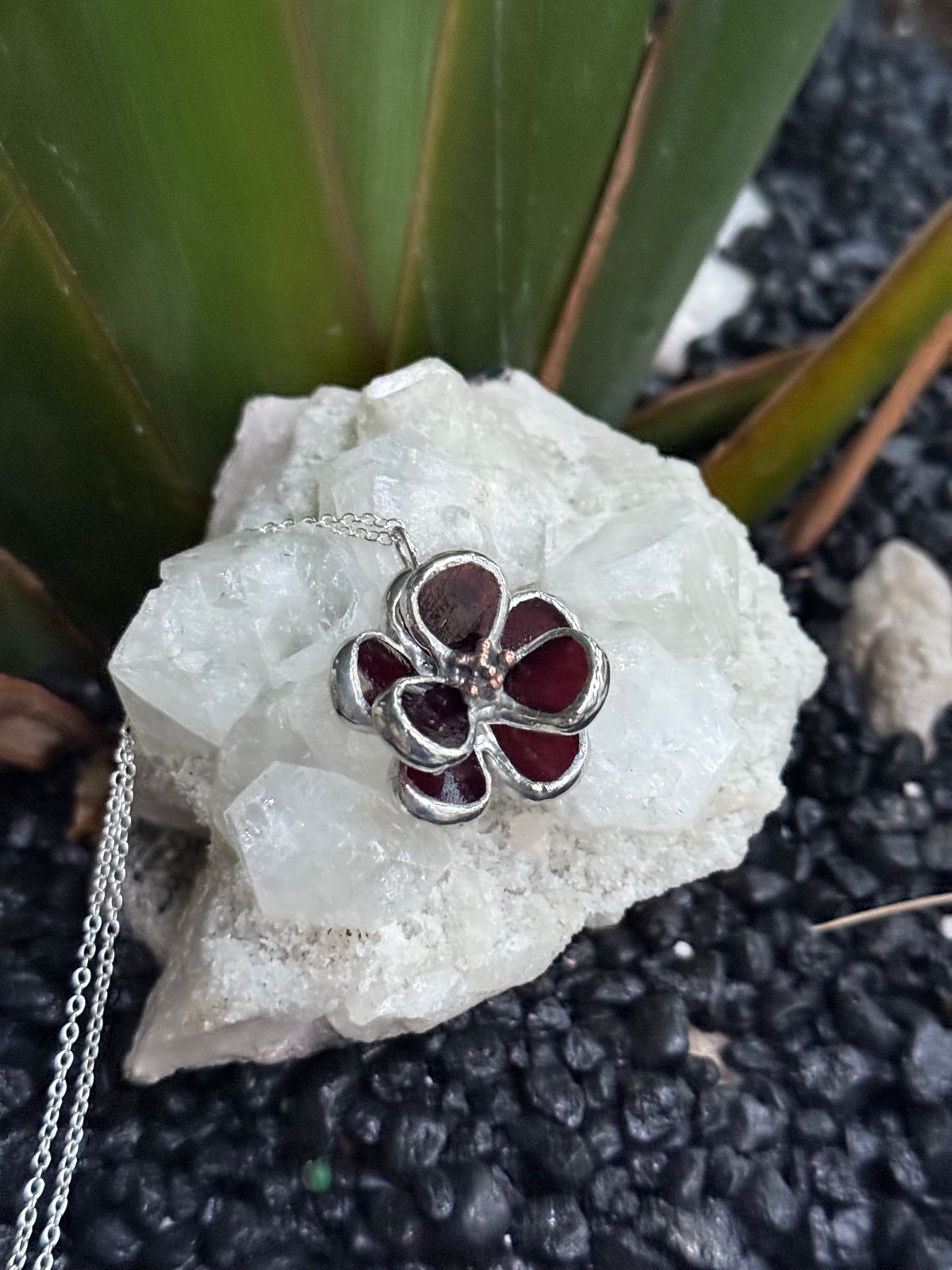 Chocolate Cosmos Flower Stained Glass Necklace, Handmade Botanical Jewelry