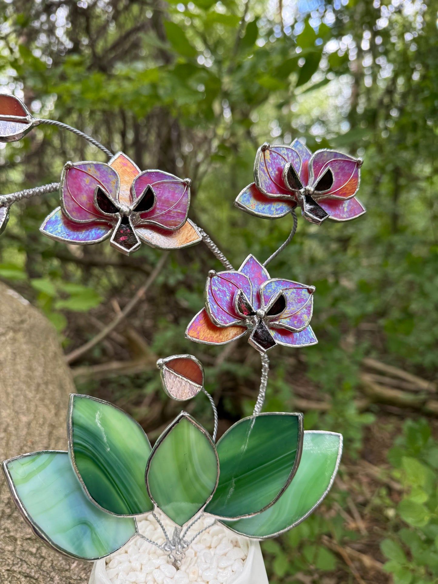 " . Berry red iridescent Orchid 3 flowers with pot” Stained glass tropical flower 3D, Sun catcher, Table plant, Garden stick, Outdoor and gardening decor available new