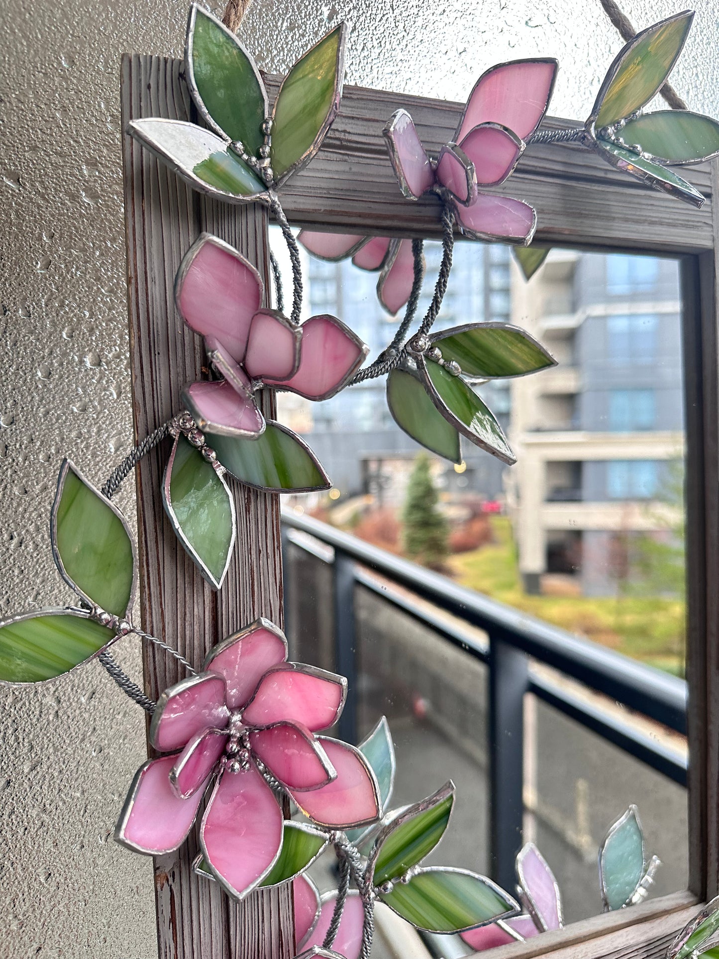 " . Flower Mirror Pink Magnolia, Stained glass Wedding Wall Decor Christmas gift, Suncatcher