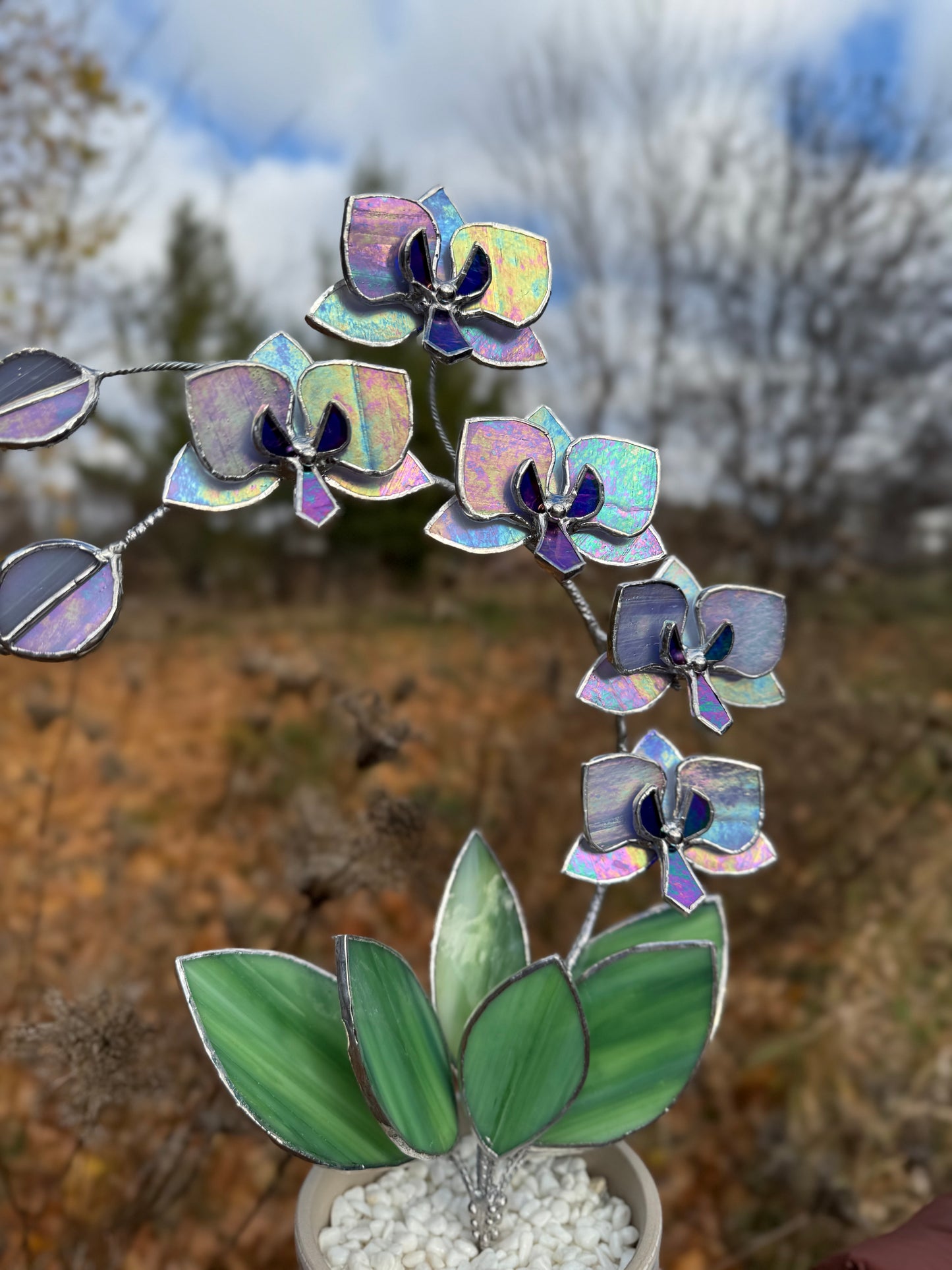 " . Lavender iridescent Orchid 5 flowers with pot" Stained glass tropical flower 3D, Sun catcher, Table plant, Garden stick, wedding decor, Christmas gift