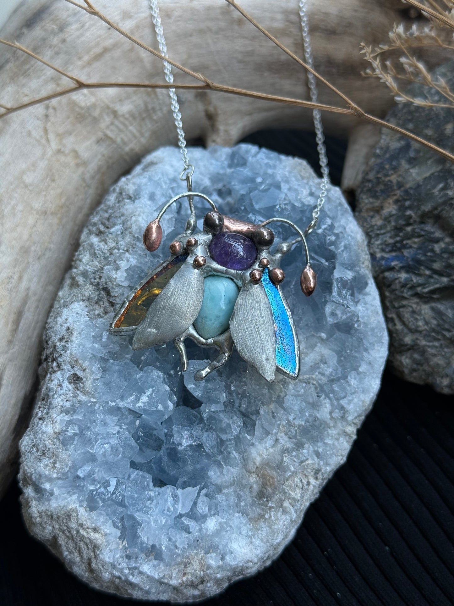 " . Bug necklace Magic Moth with Blue Larimar & Amethyst”, stained glass art jewelry pendant 3D wedding jewelry Mother’s Day gift