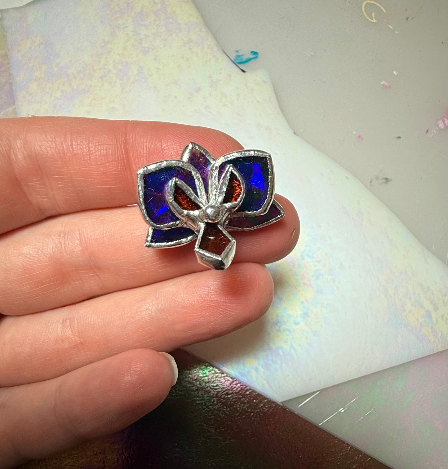 " . Ring Indigo irid transparent Orchid” Stained glass tropical flower 3D, art jewelry