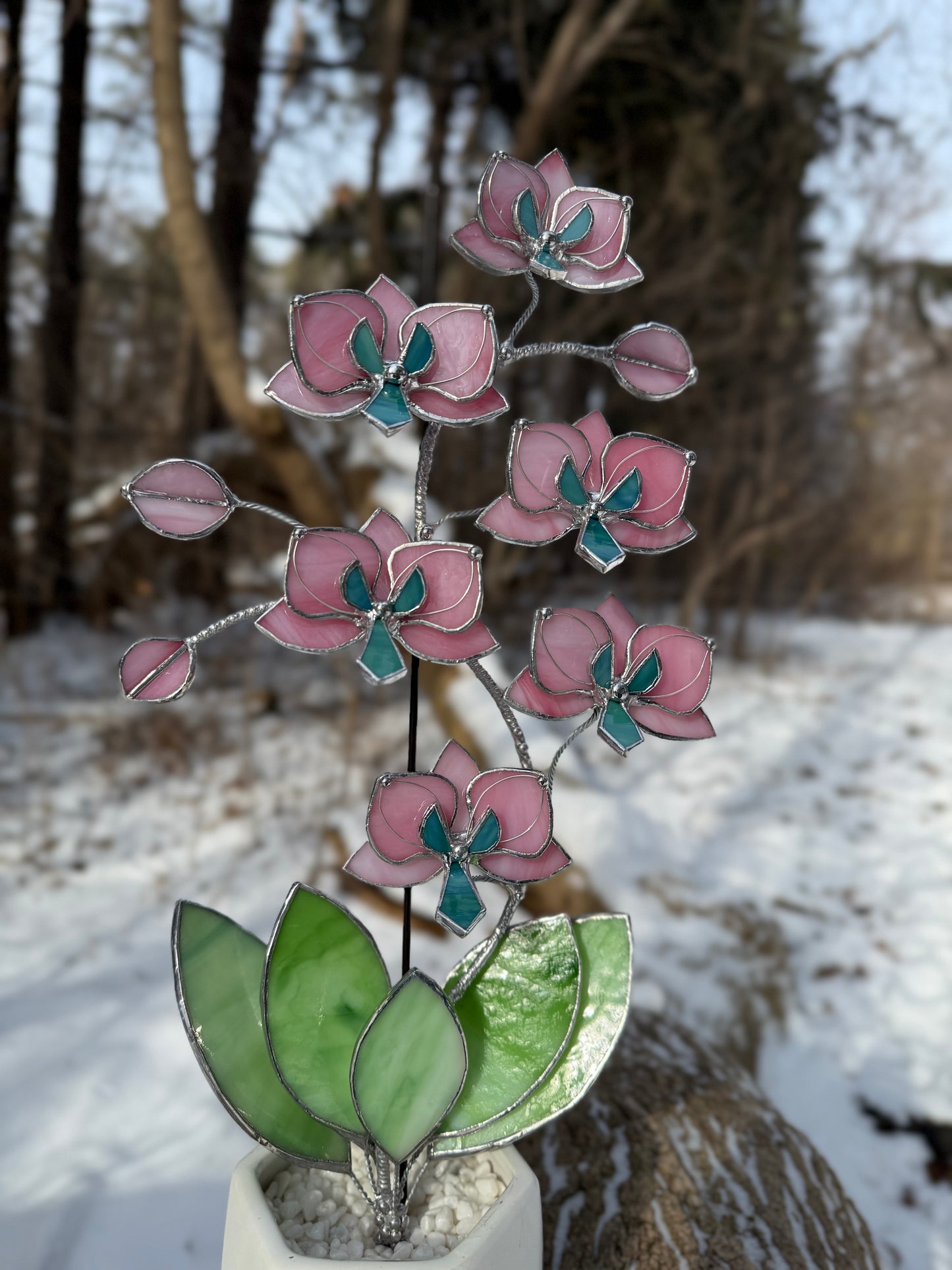 " . Bright Pink Orchid 6 flowers with pot" 2025 design, Stained glass tropical flower 3D, Sun catcher, Table plant, Garden stick, wedding decor, Christmas gift