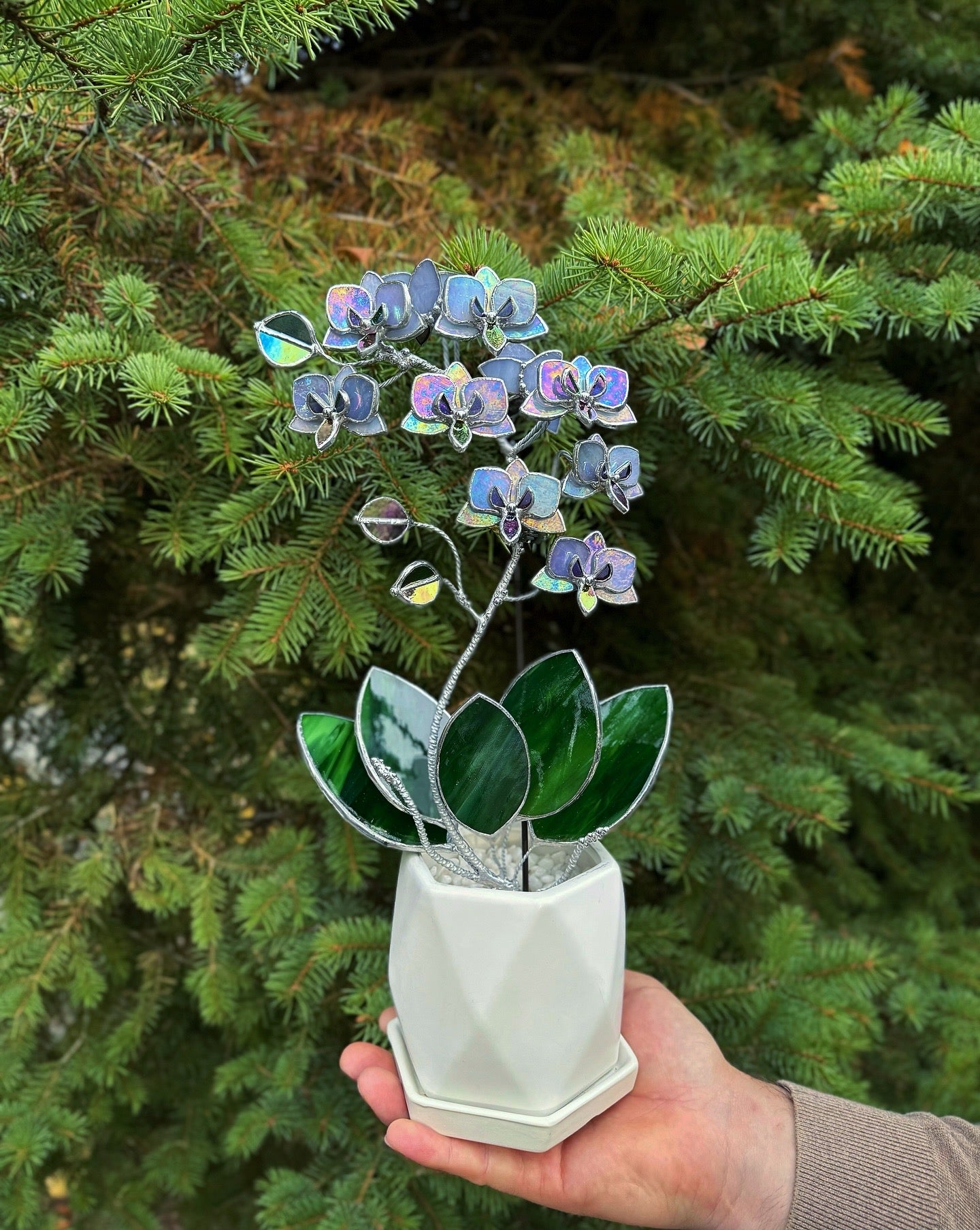 "  . Stained glass Orchid Lavender iridescent, double sided, 10 flowers with pot”, Stained glass tropical flower 3D, Suncatcher, Table plant decor