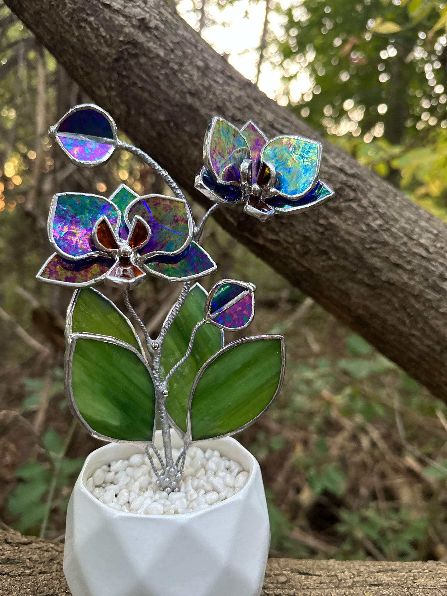 " . Indigo iridescent Orchid 2 flowers with pot” Stained glass tropical flower 3D, Sun catcher, Table plant decor, Garden stick, Outdoor and gardening decor