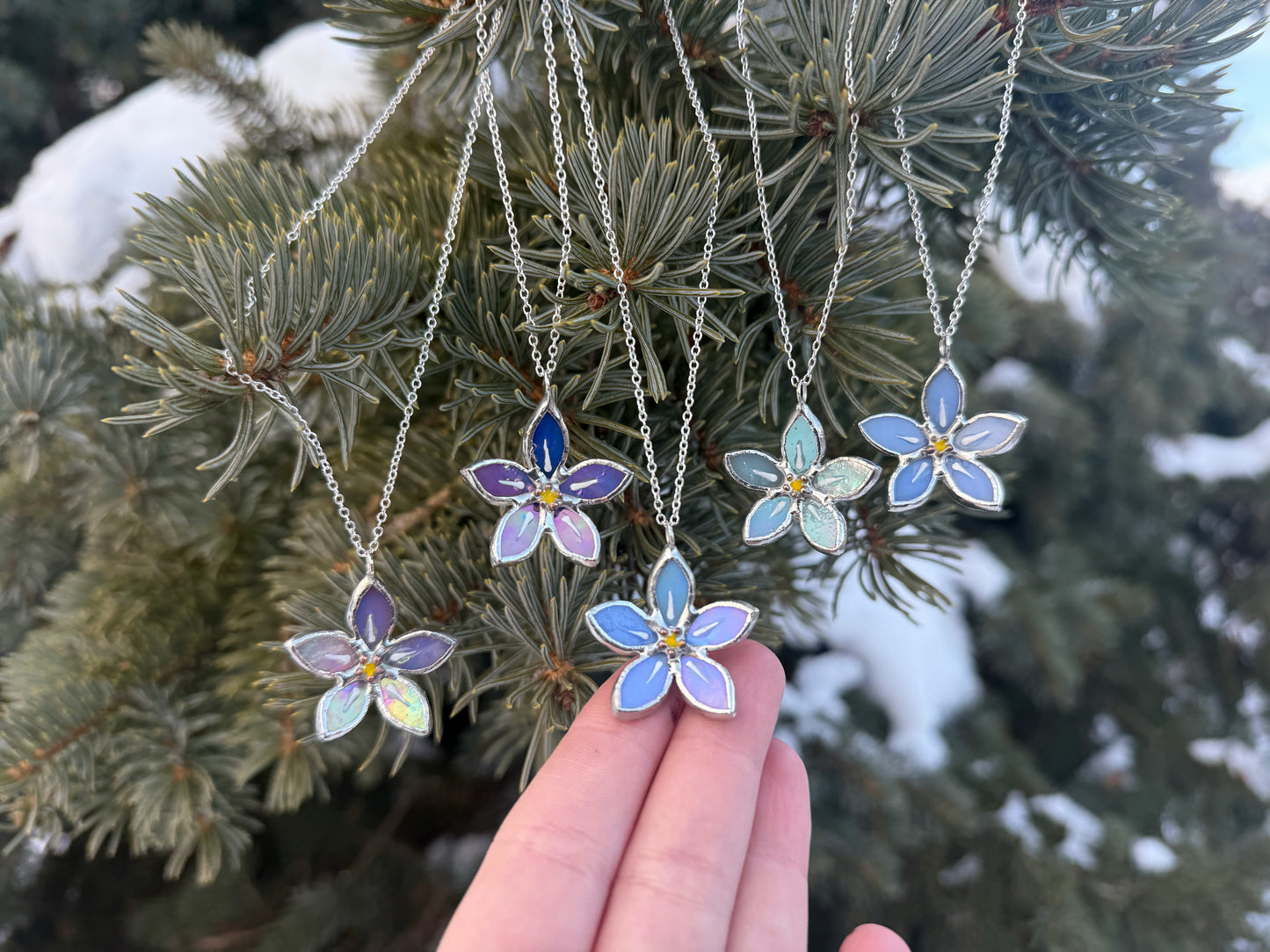 " .  CHOOSE COLOR Necklace Stained glass Forget Me Not flower, Modern art, jewelry