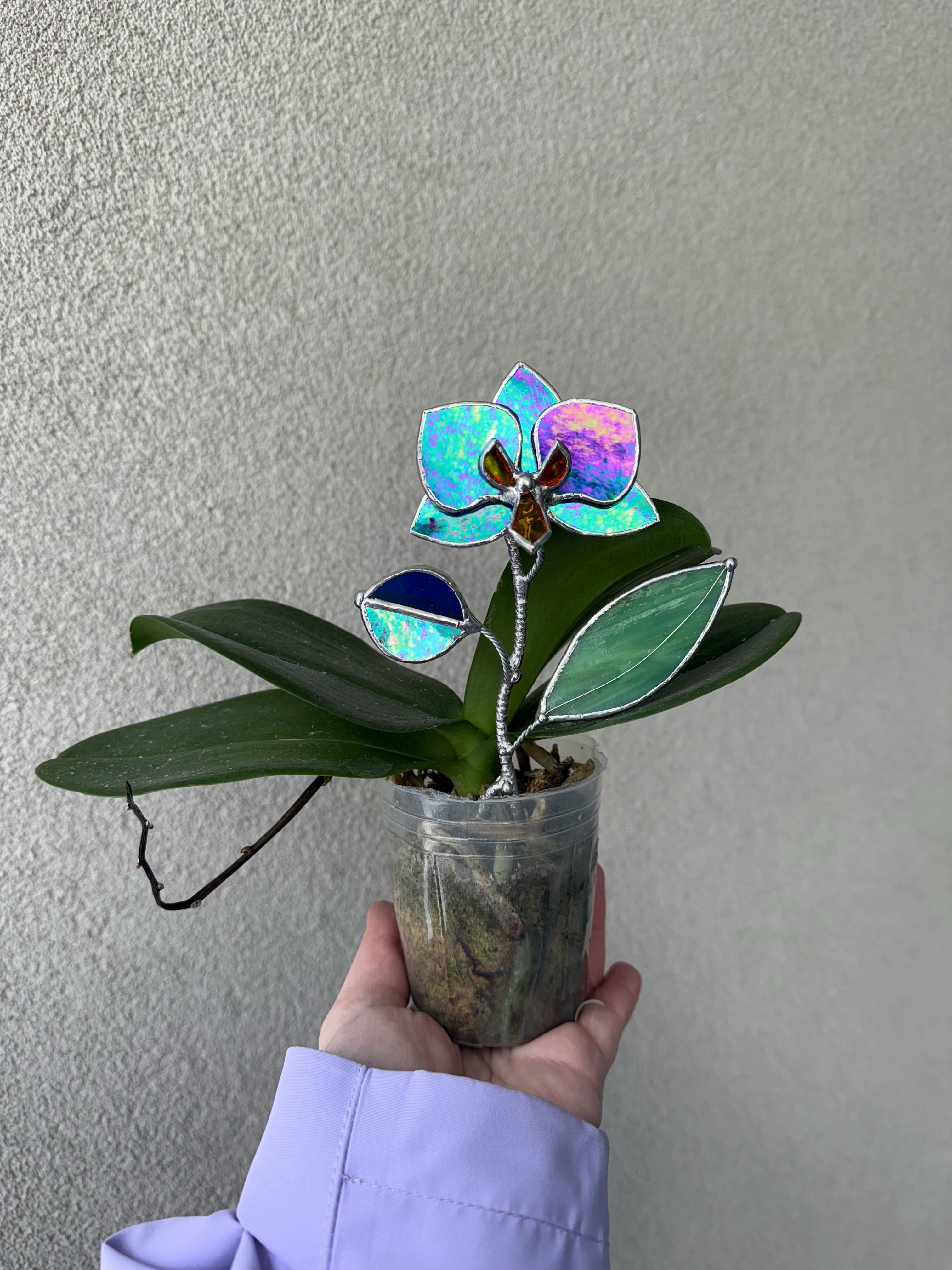 CHOOSE COLOR Stained Glass Orchid Plant Stake, Botanical Pot Decor