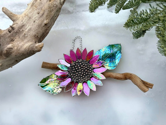 "  . Sunflower Red iridescent", stained glass wall decor, tropical flower 3D, Sun catcher, Plant decor
